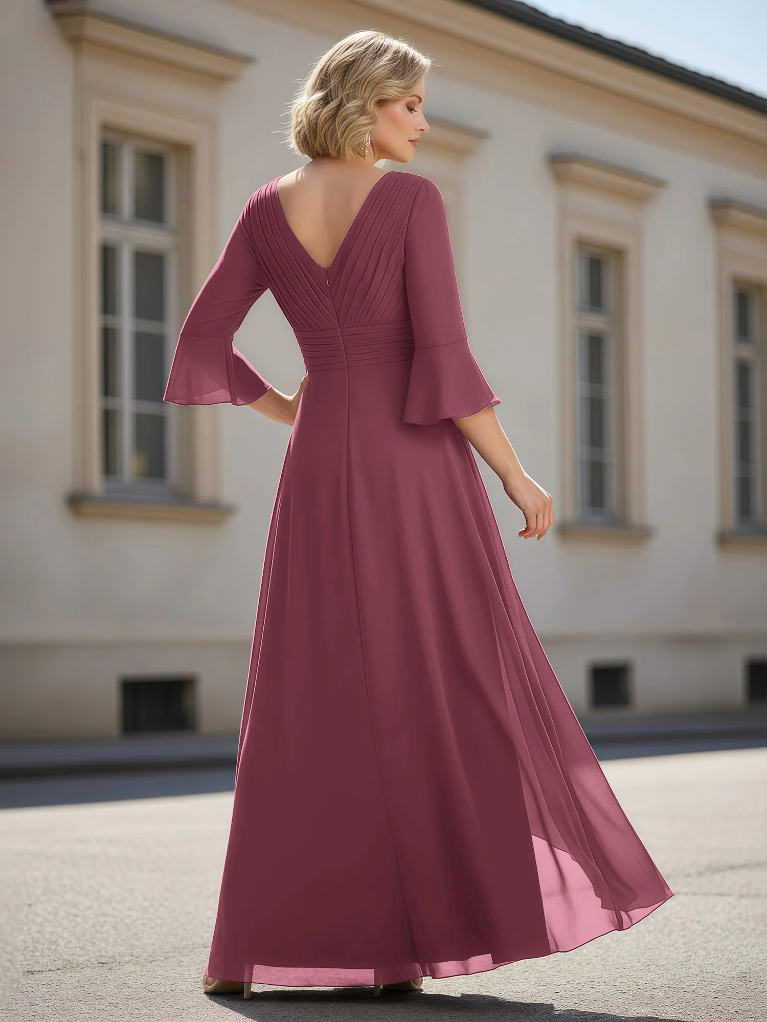 3/4 Sleeves Pleated V-neck Ruffles A-Line Dress Mulberry - Image 2