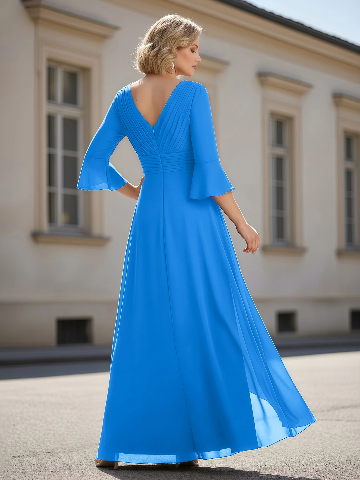 3/4 Sleeves Pleated V-neck Ruffles A-Line Dress Ocean Blue - Image 2
