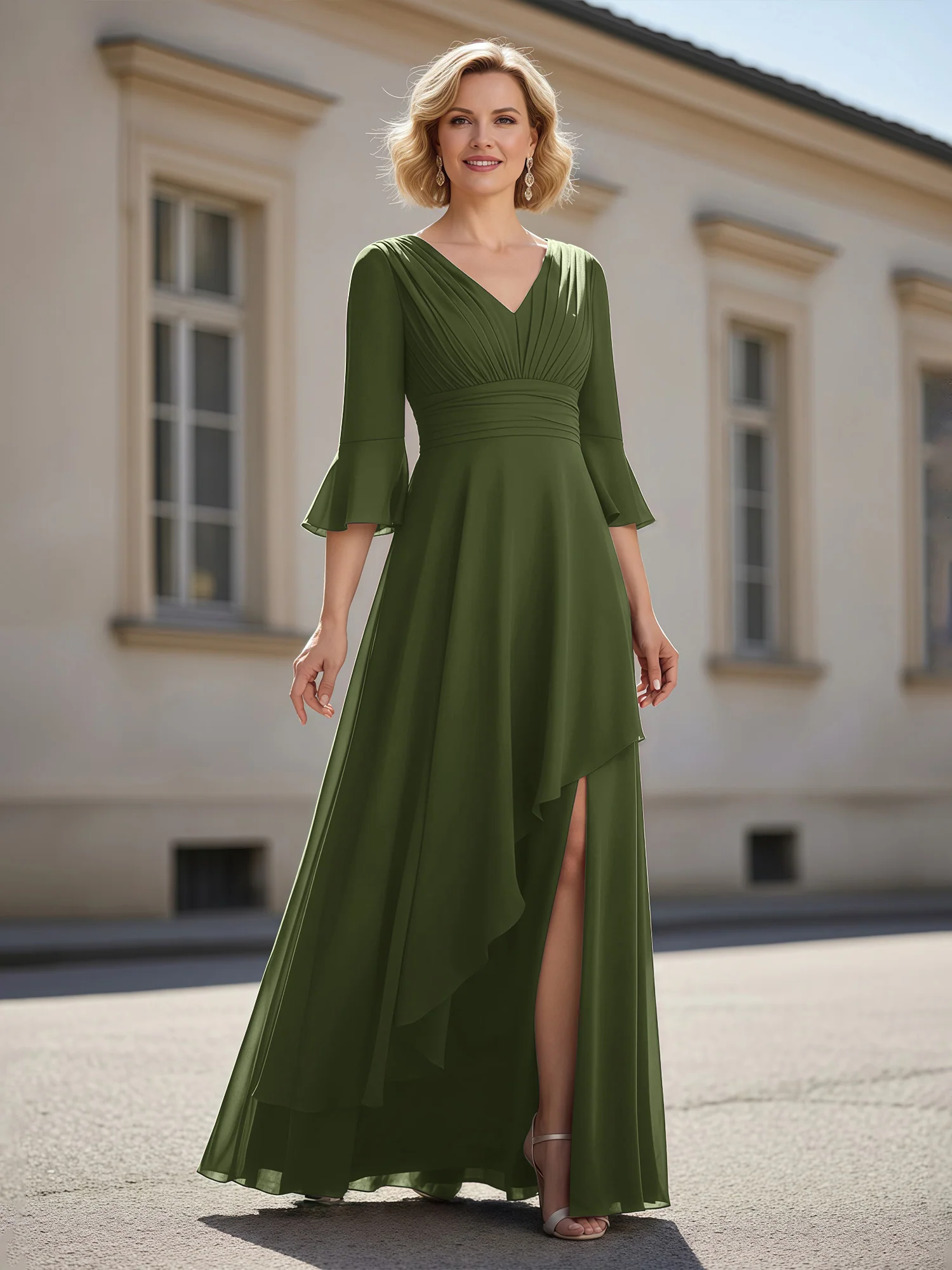 3/4 Sleeves Pleated V-neck Ruffles A-Line Dress Olive Green