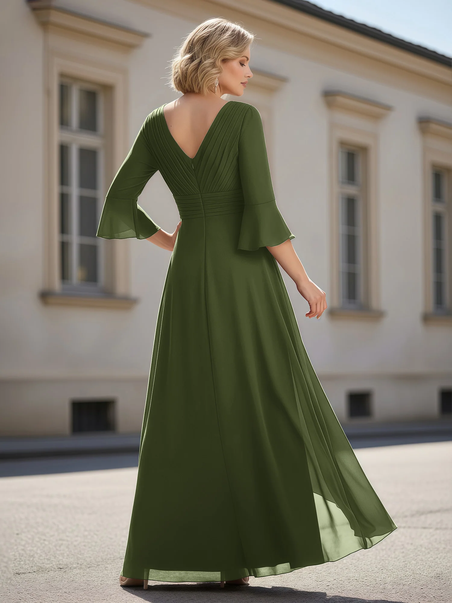 3/4 Sleeves Pleated V-neck Ruffles A-Line Dress Olive Green - Image 2