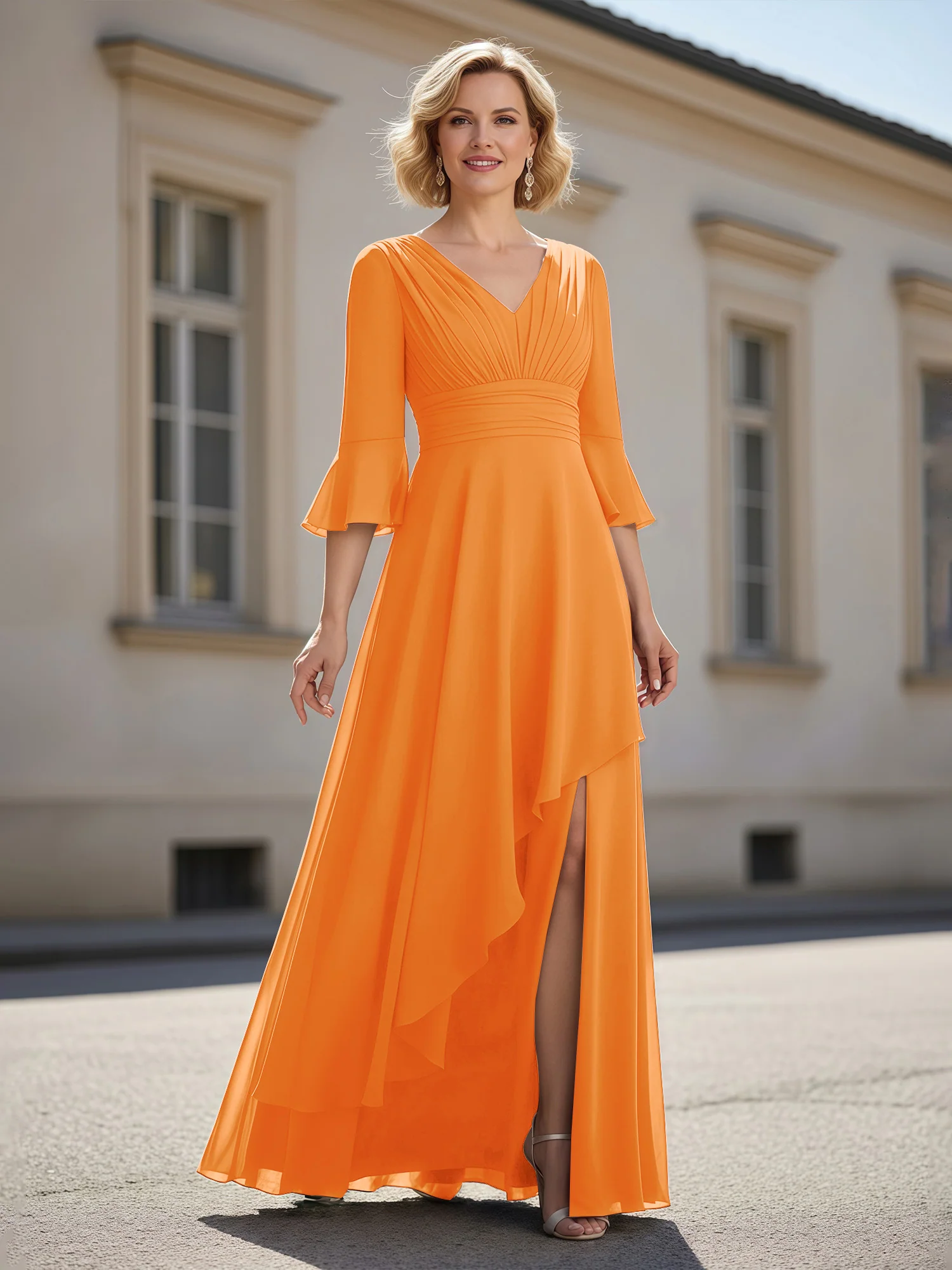 3/4 Sleeves Pleated V-neck Ruffles A-Line Dress Orange