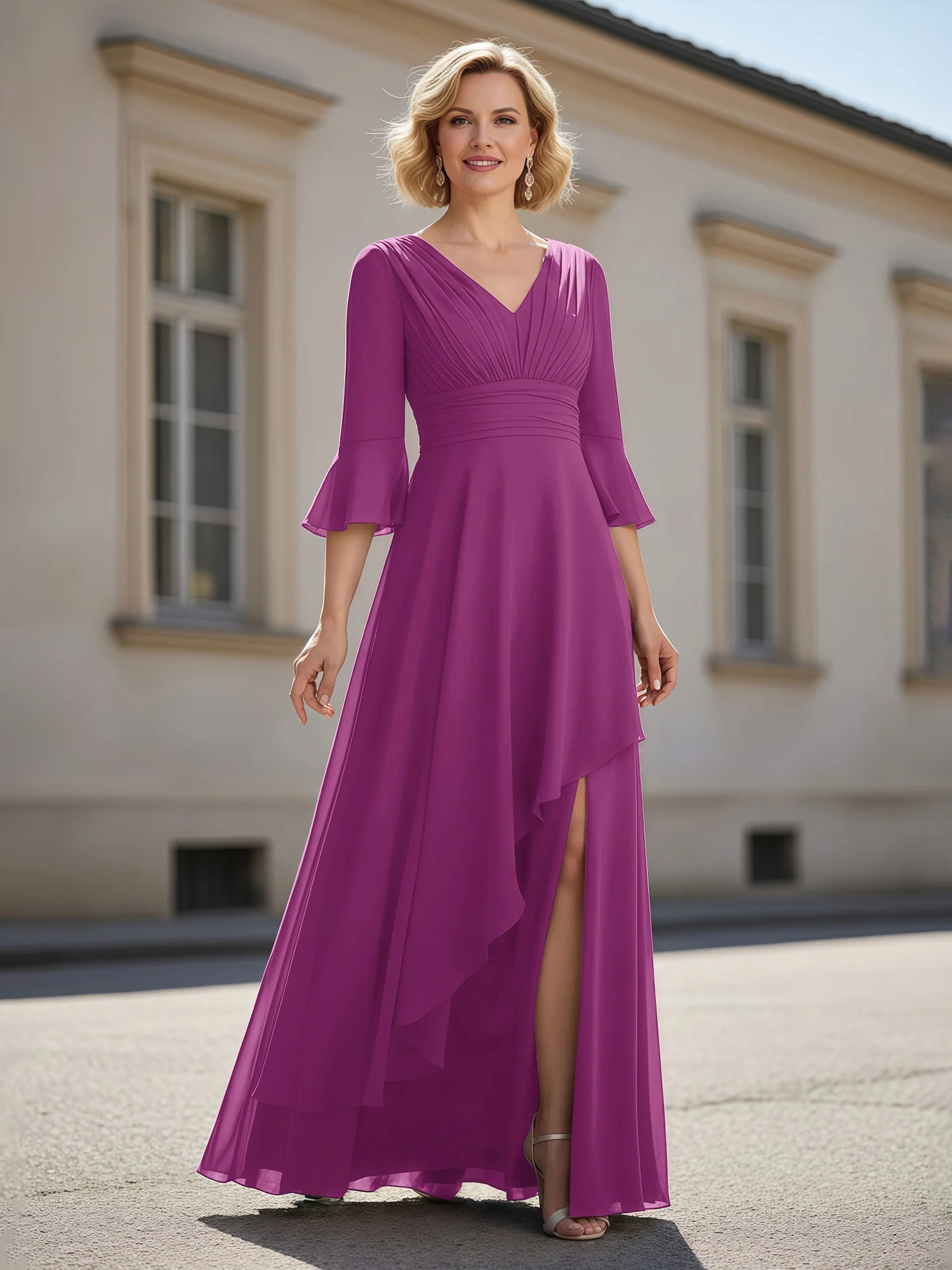 3/4 Sleeves Pleated V-neck Ruffles A-Line Dress Orchid