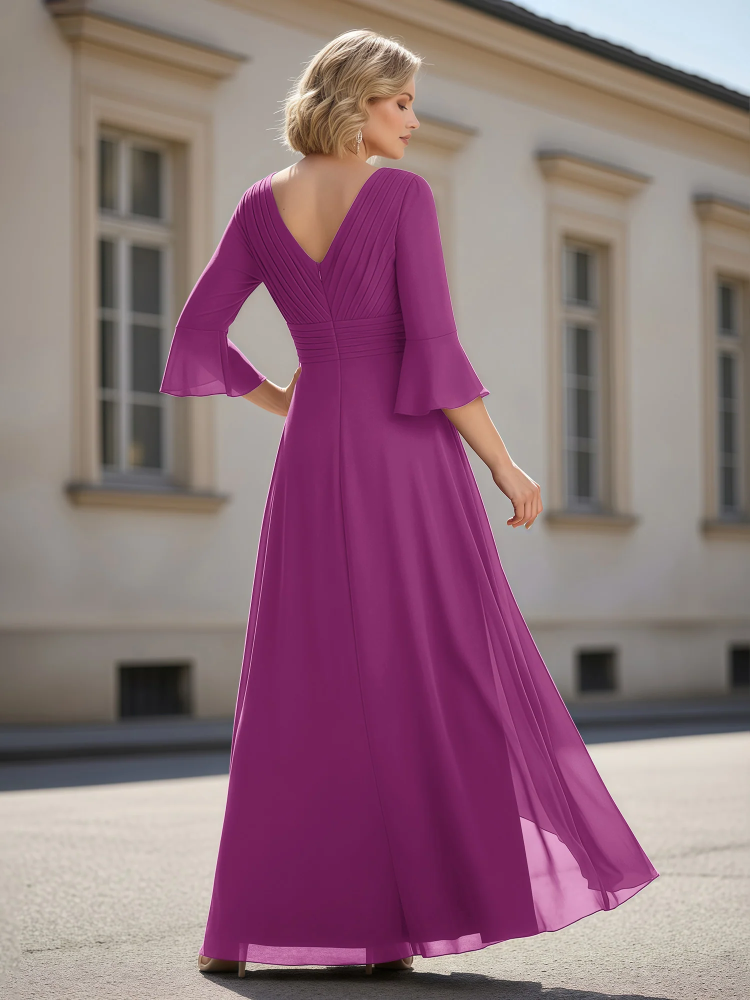 3/4 Sleeves Pleated V-neck Ruffles A-Line Dress Orchid - Image 2