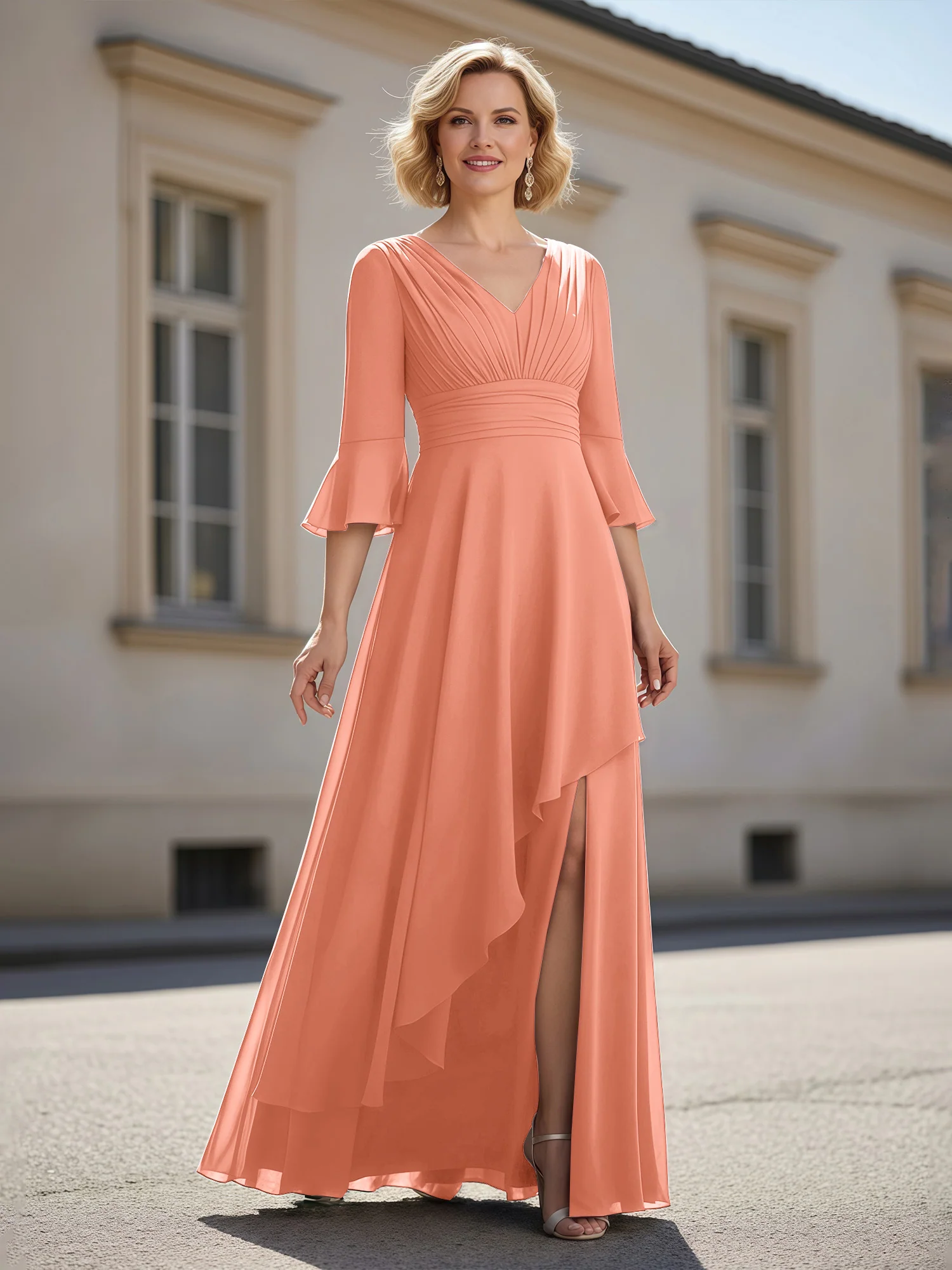 3/4 Sleeves Pleated V-neck Ruffles A-Line Dress Papaya