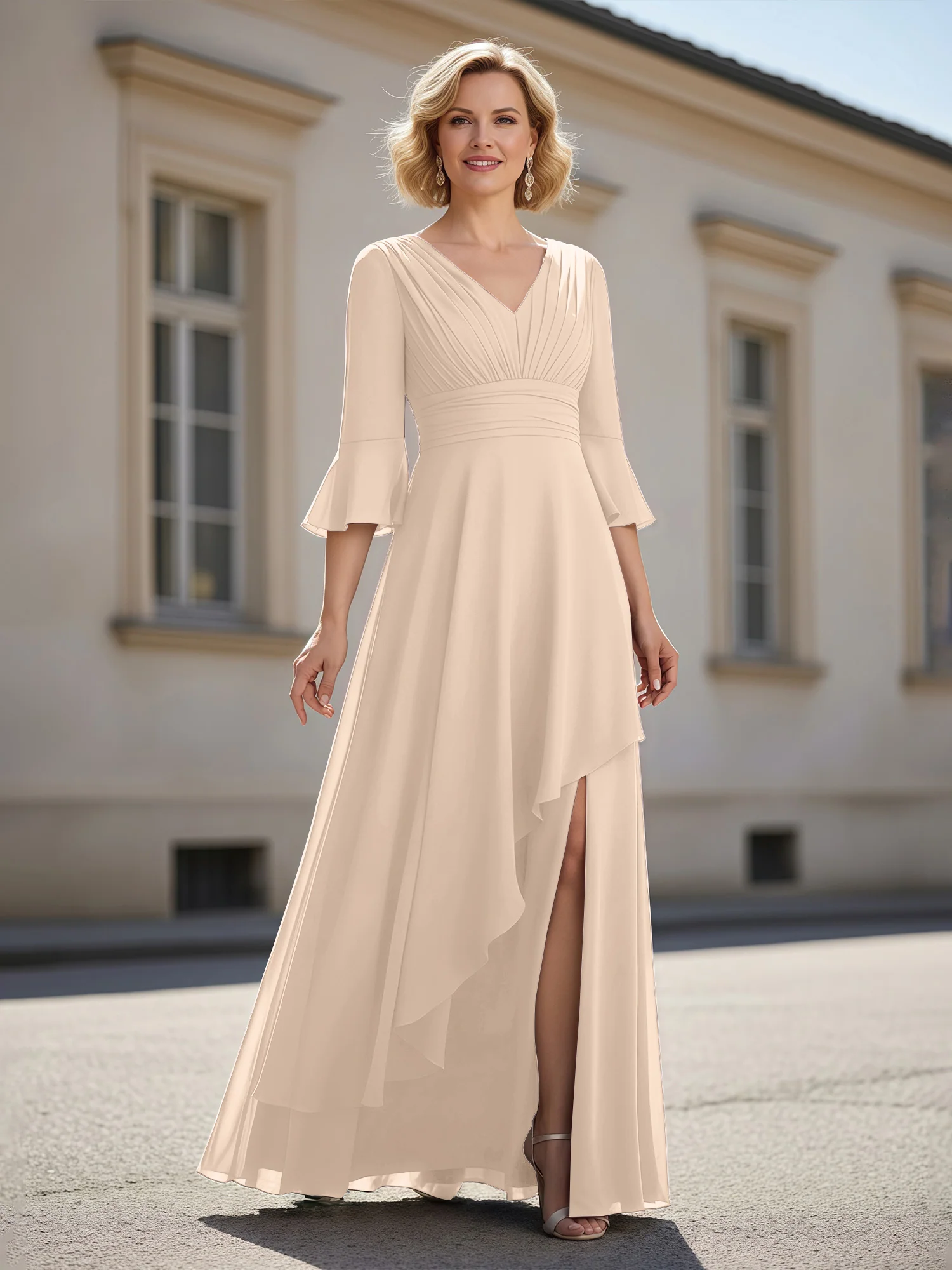 3/4 Sleeves Pleated V-neck Ruffles A-Line Dress Peach