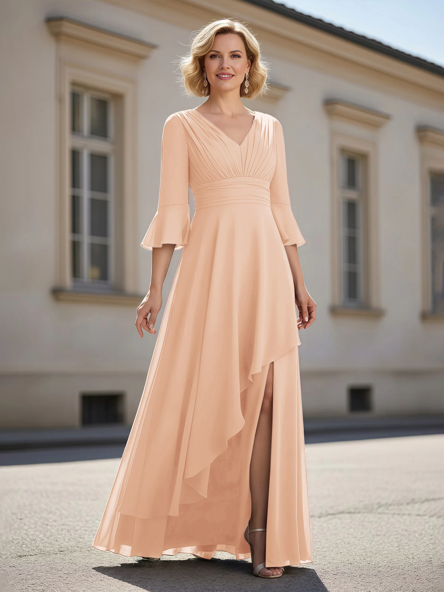 3/4 Sleeves Pleated V-neck Ruffles A-Line Dress Pearl Pink