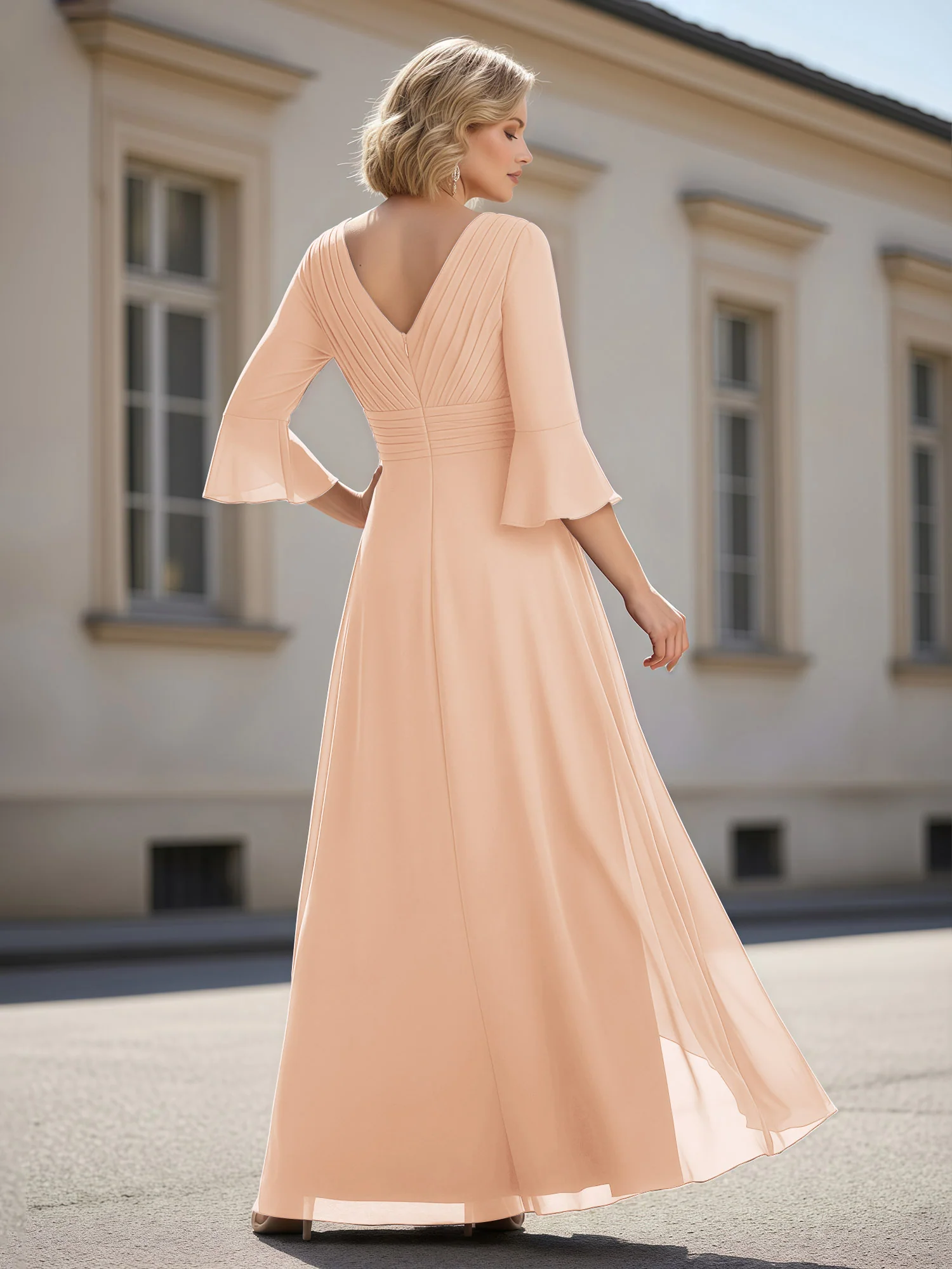 3/4 Sleeves Pleated V-neck Ruffles A-Line Dress Pearl Pink - Image 2