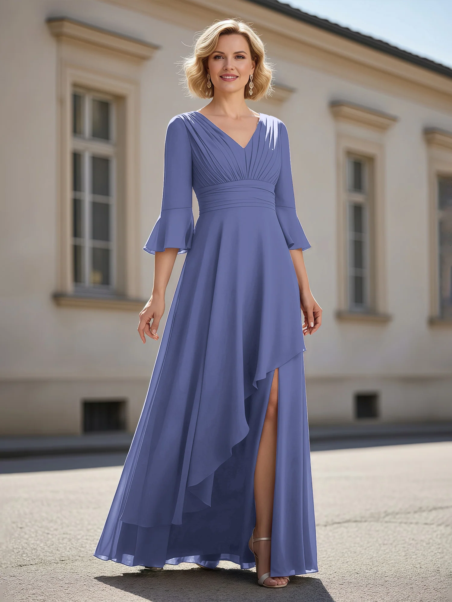 3/4 Sleeves Pleated V-neck Ruffles A-Line Dress Periwinkle