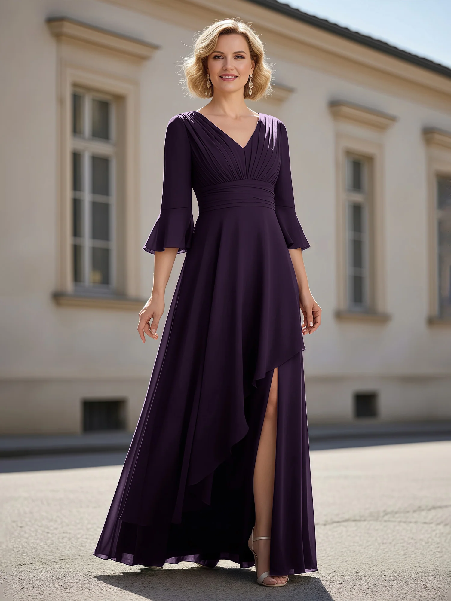 3/4 Sleeves Pleated V-neck Ruffles A-Line Dress Plum
