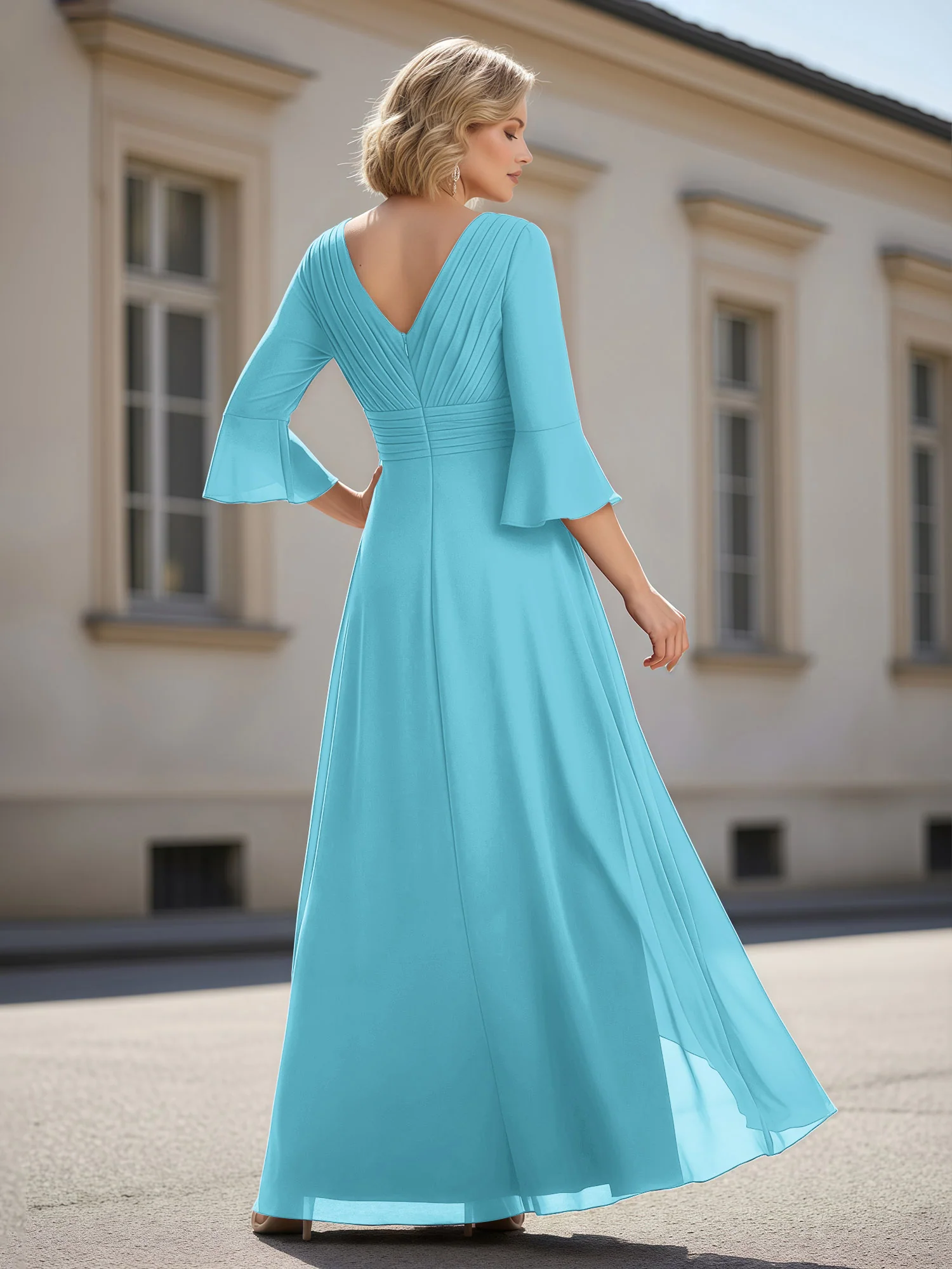 3/4 Sleeves Pleated V-neck Ruffles A-Line Dress Pool - Image 2