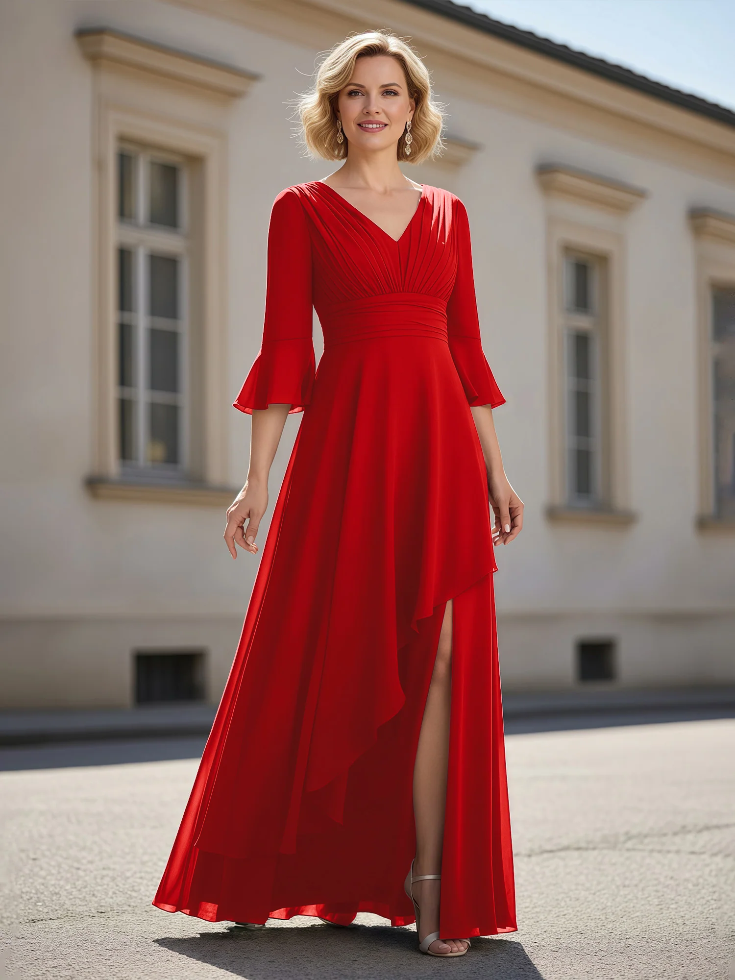 3/4 Sleeves Pleated V-neck Ruffles A-Line Dress Red