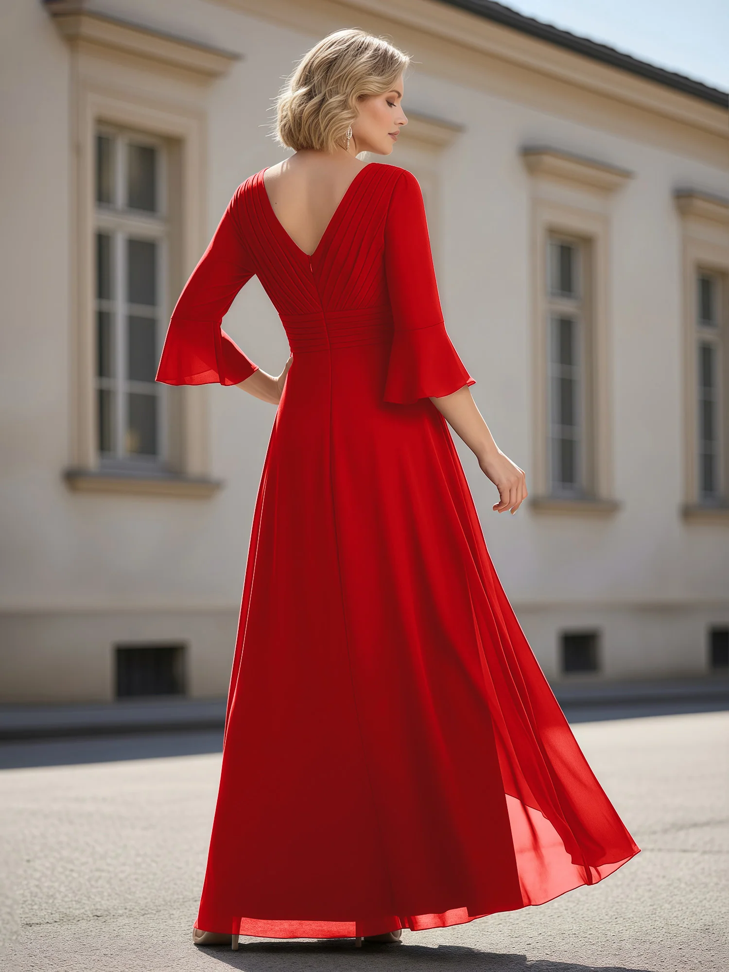 3/4 Sleeves Pleated V-neck Ruffles A-Line Dress Red - Image 2