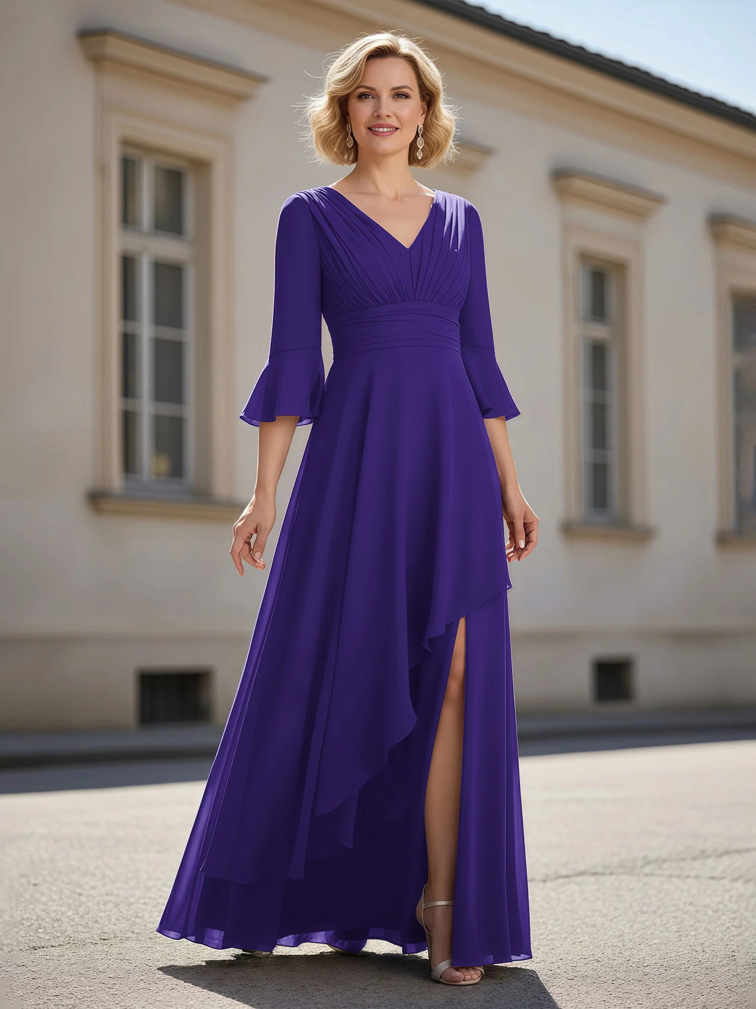 3/4 Sleeves Pleated V-neck Ruffles A-Line Dress Regency