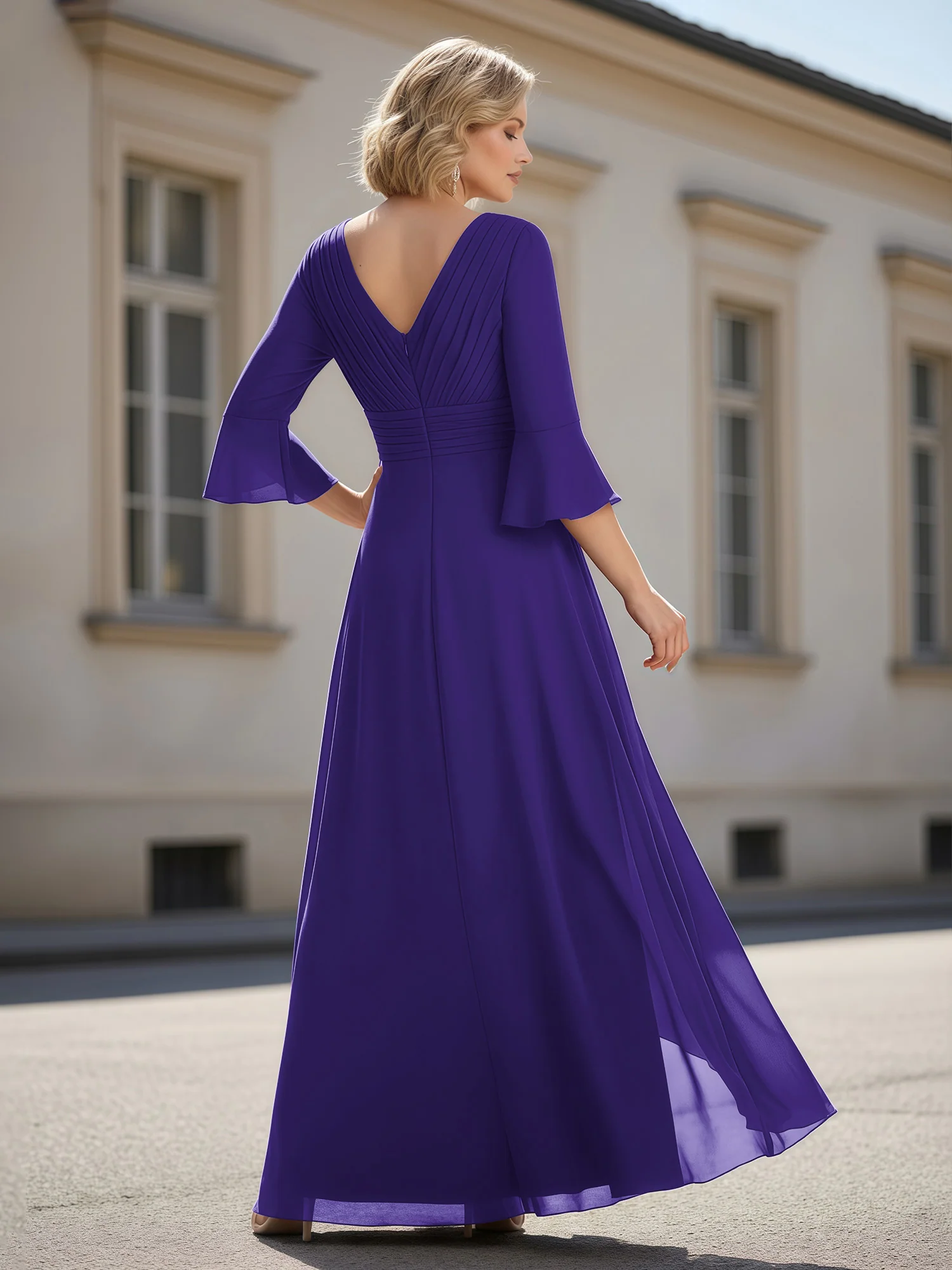 3/4 Sleeves Pleated V-neck Ruffles A-Line Dress Regency - Image 2