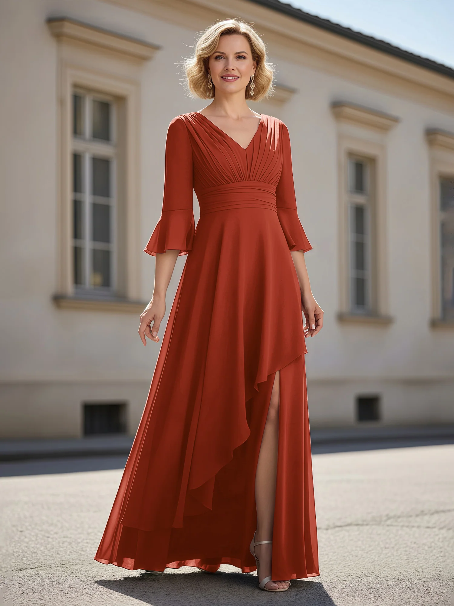 3/4 Sleeves Pleated V-neck Ruffles A-Line Dress Rust