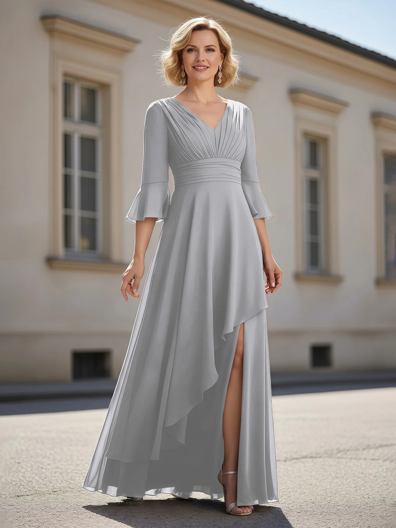 3/4 Sleeves Pleated V-neck Ruffles A-Line Dress Silver