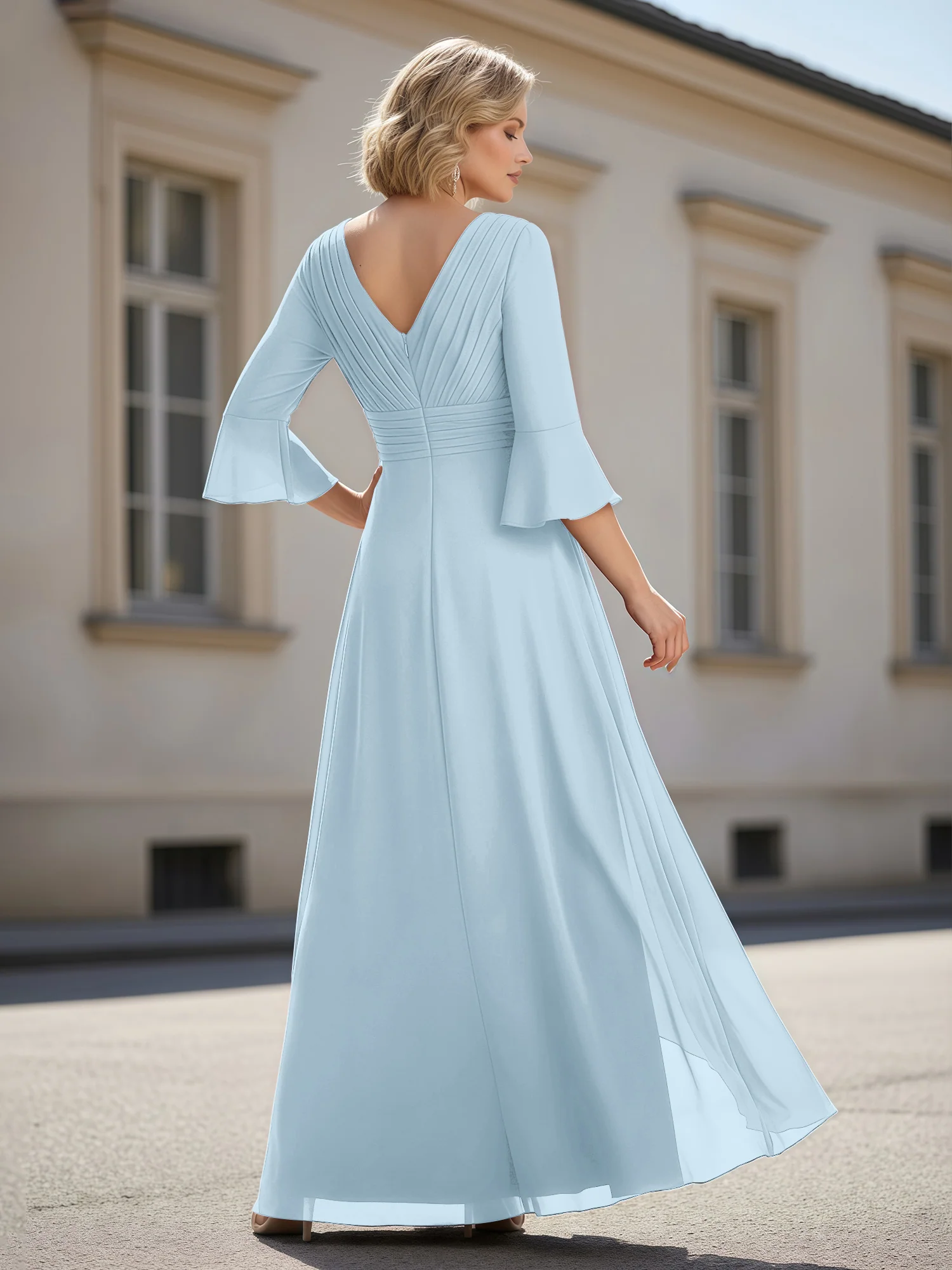3/4 Sleeves Pleated V-neck Ruffles A-Line Dress Sky Blue - Image 2