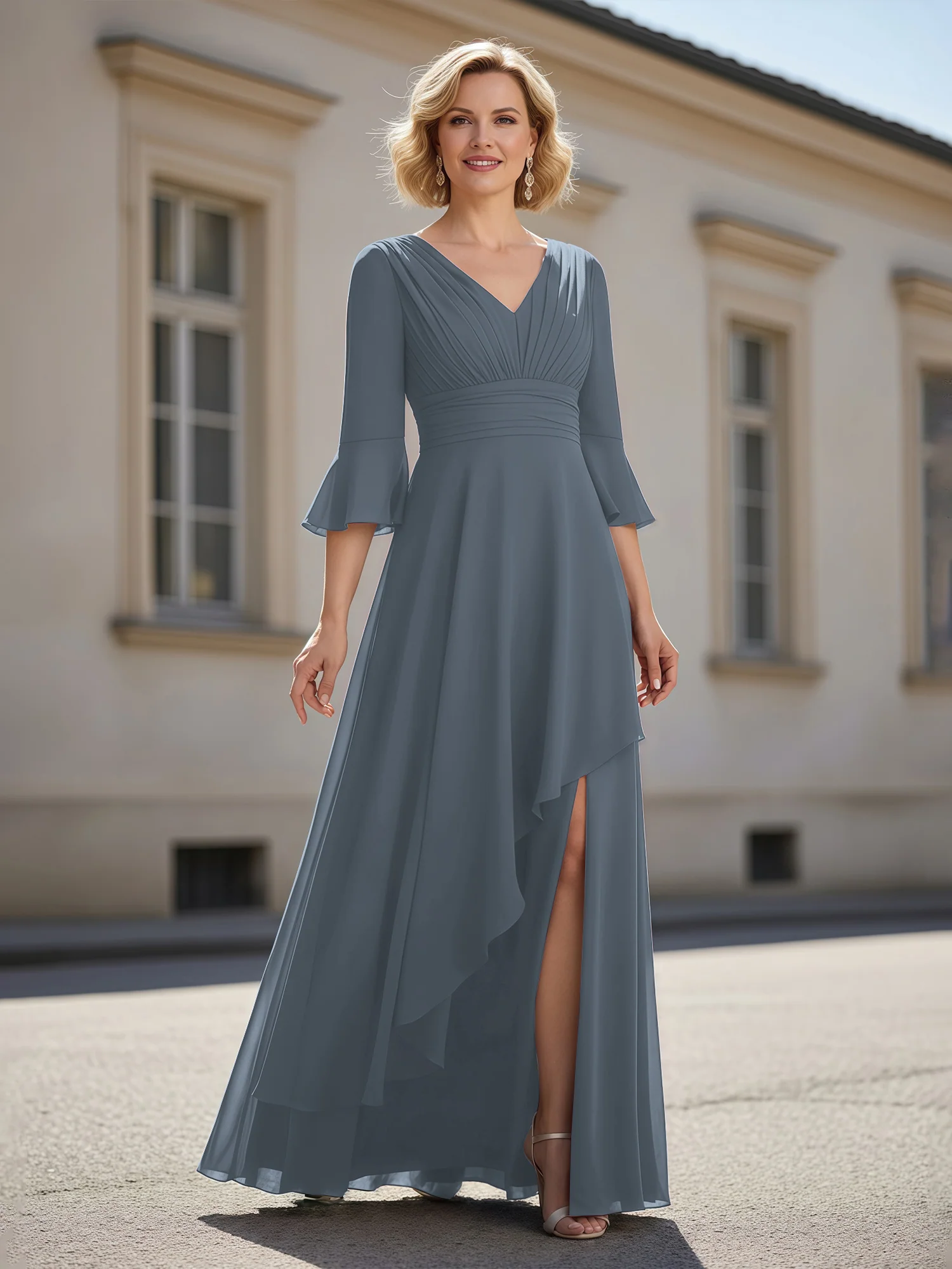 3/4 Sleeves Pleated V-neck Ruffles A-Line Dress Slate Blue