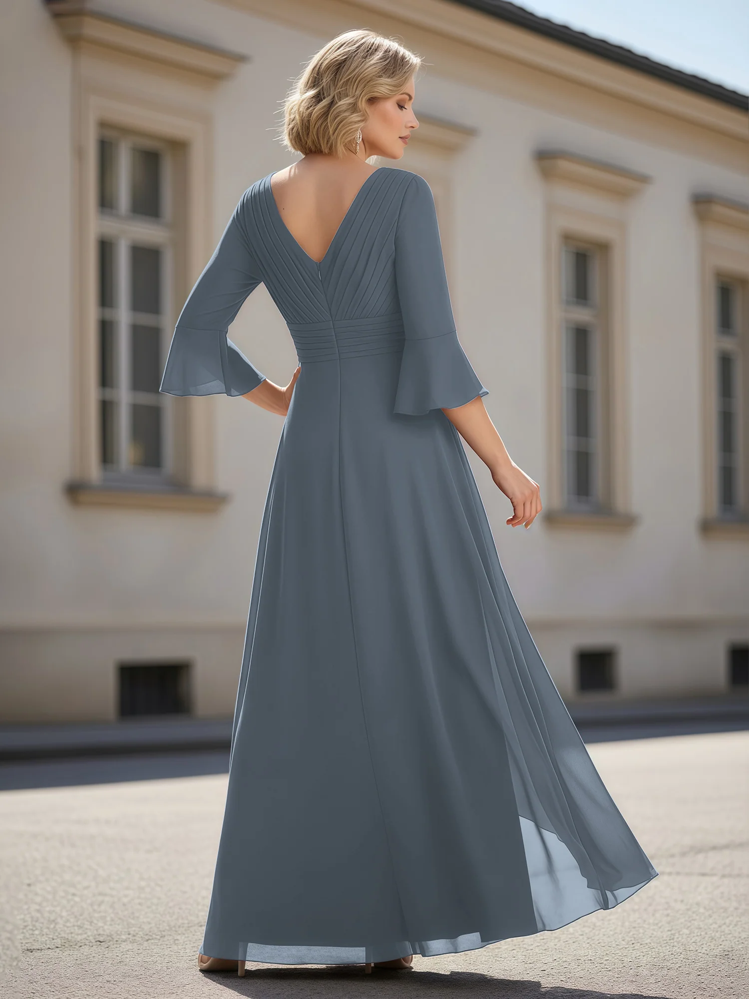 3/4 Sleeves Pleated V-neck Ruffles A-Line Dress Slate Blue - Image 2