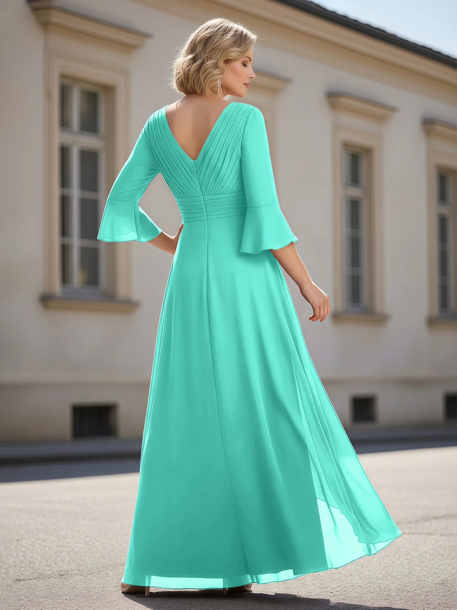 3/4 Sleeves Pleated V-neck Ruffles A-Line Dress Spa - Image 2