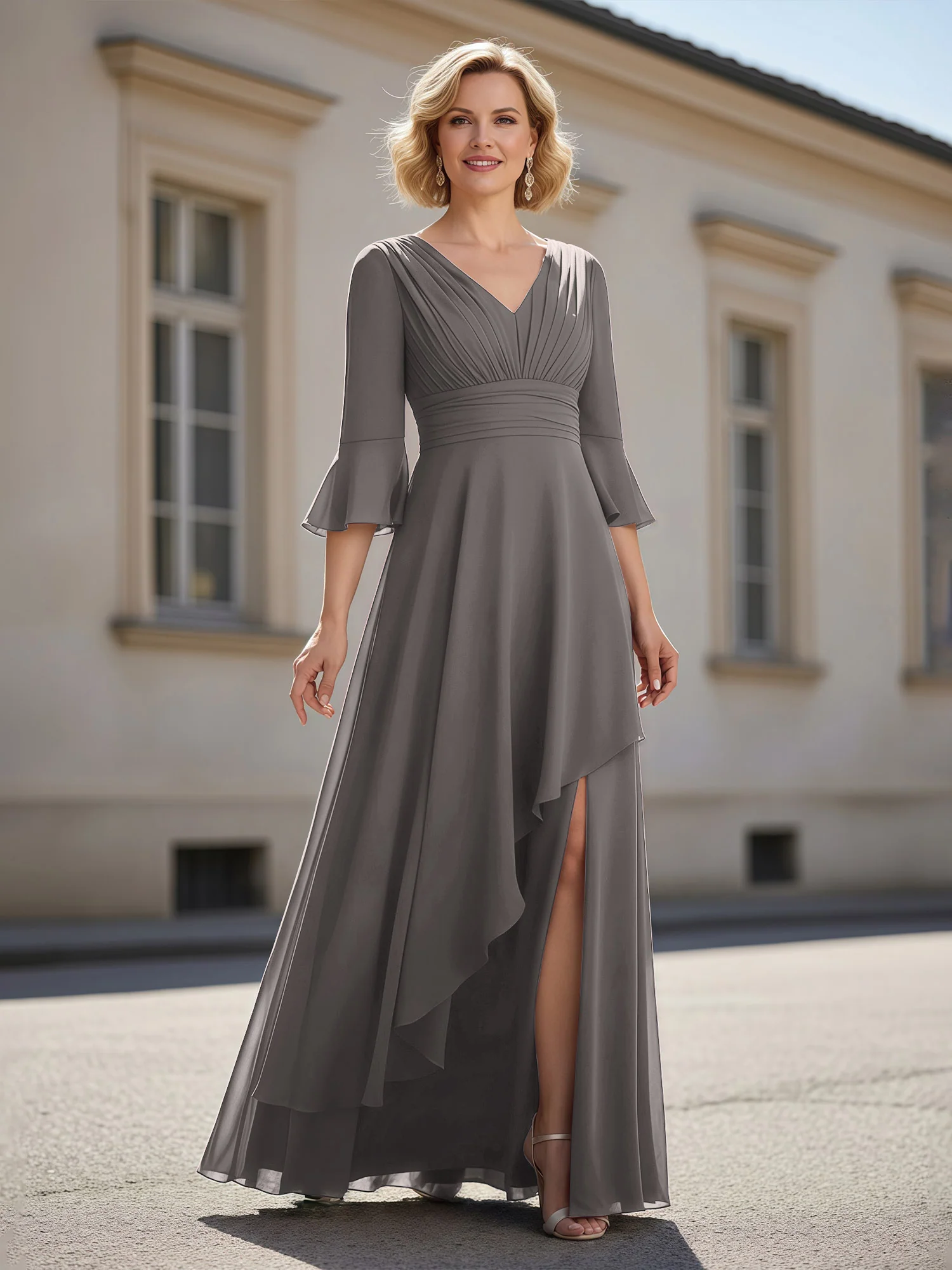 3/4 Sleeves Pleated V-neck Ruffles A-Line Dress Steel Grey