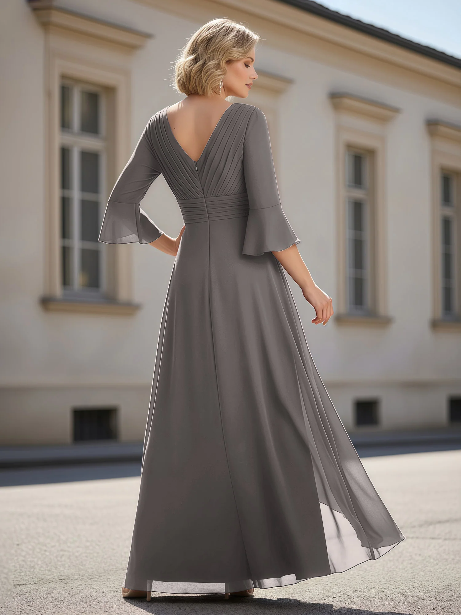 3/4 Sleeves Pleated V-neck Ruffles A-Line Dress Steel Grey - Image 2