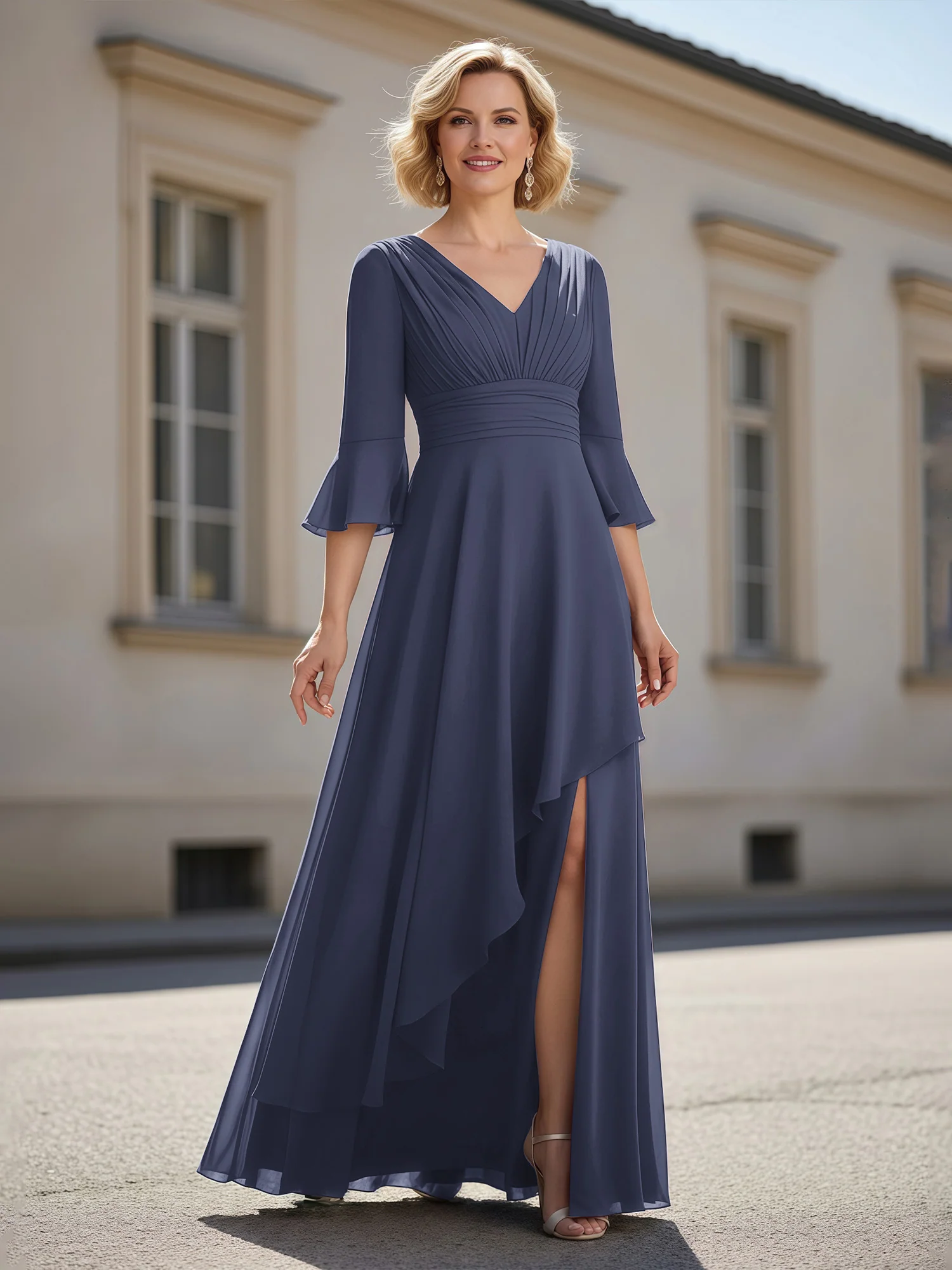 3/4 Sleeves Pleated V-neck Ruffles A-Line Dress Stormy