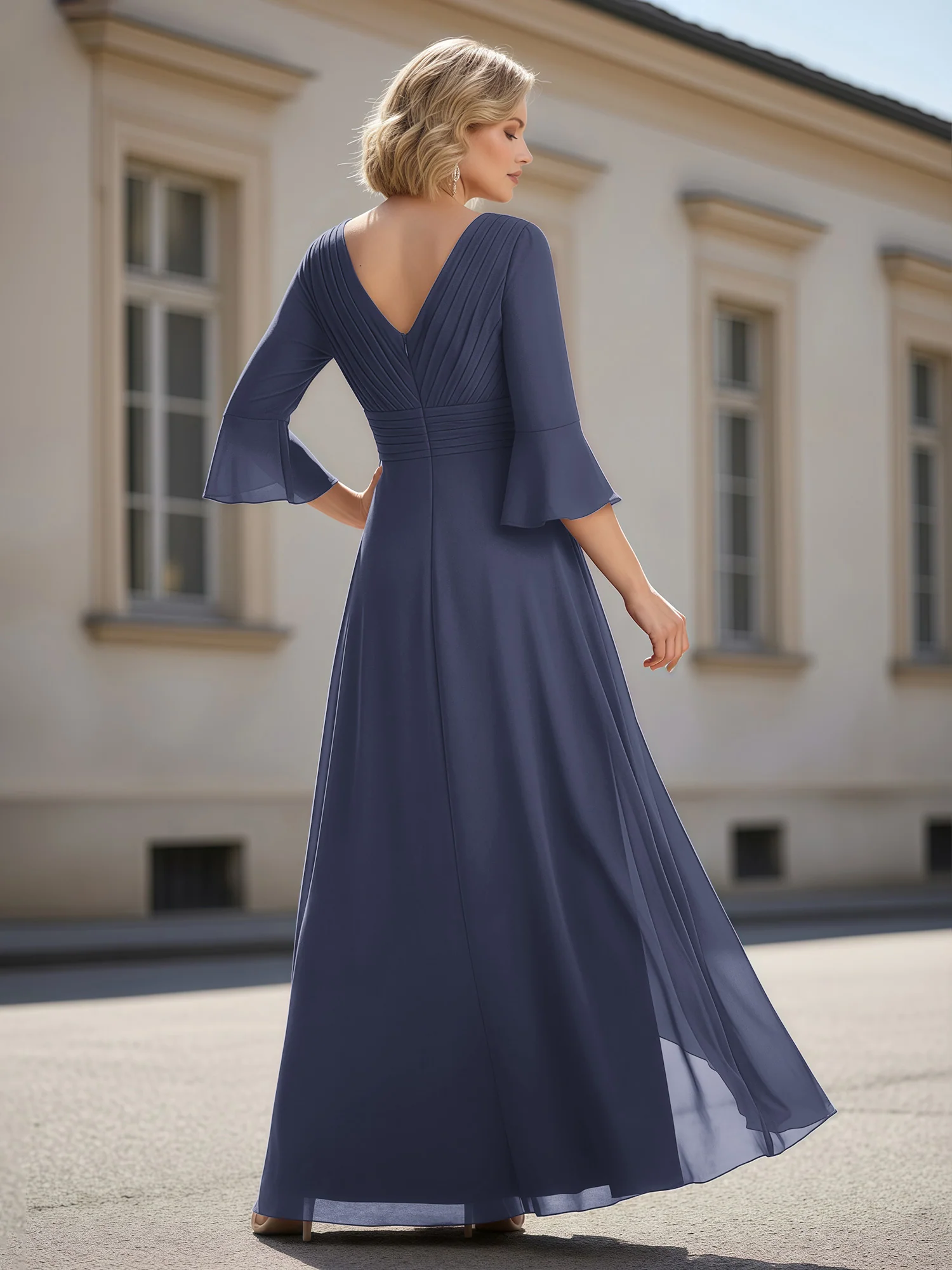 3/4 Sleeves Pleated V-neck Ruffles A-Line Dress Stormy - Image 2