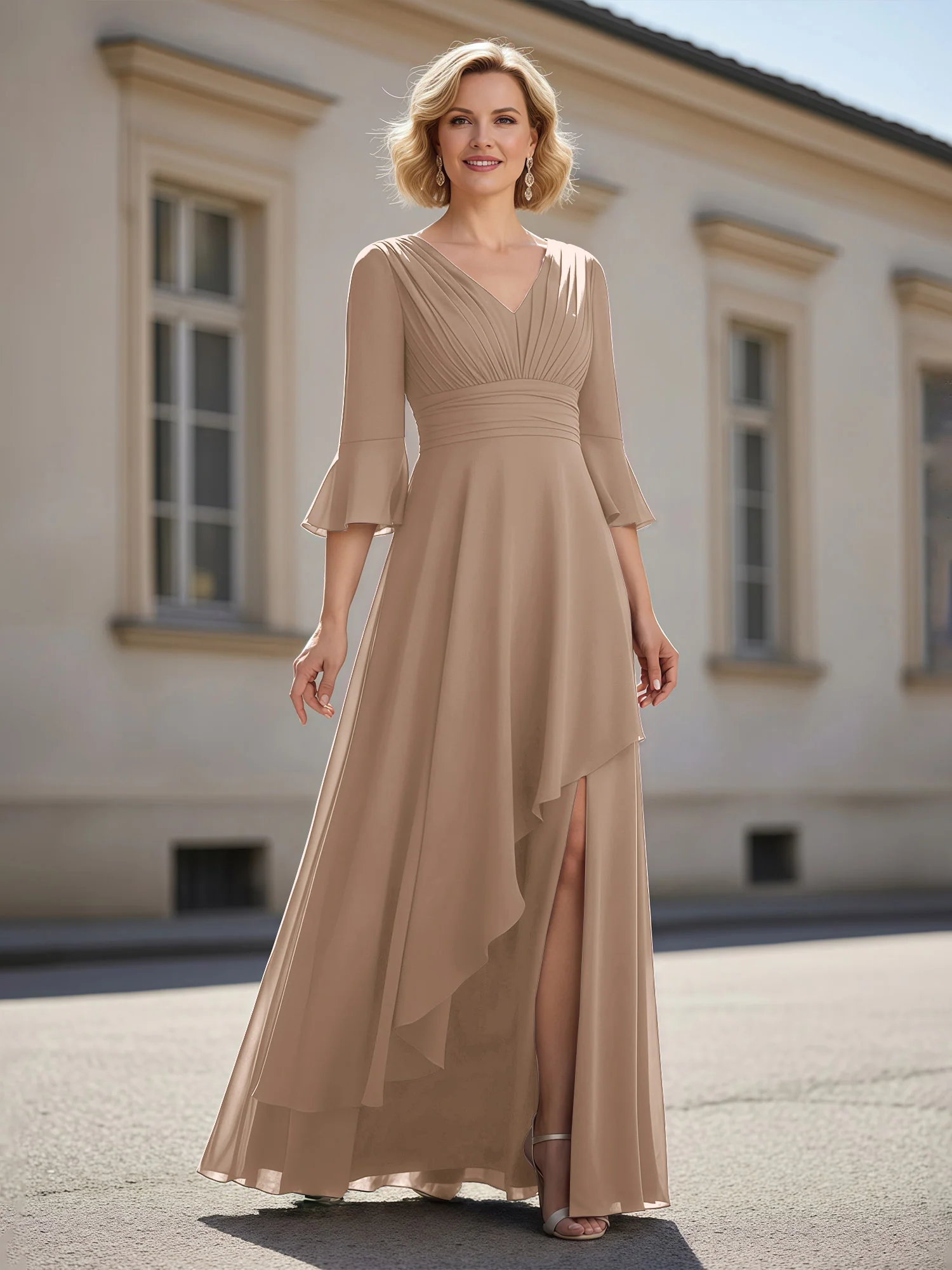 3/4 Sleeves Pleated V-neck Ruffles A-Line Dress Taupe
