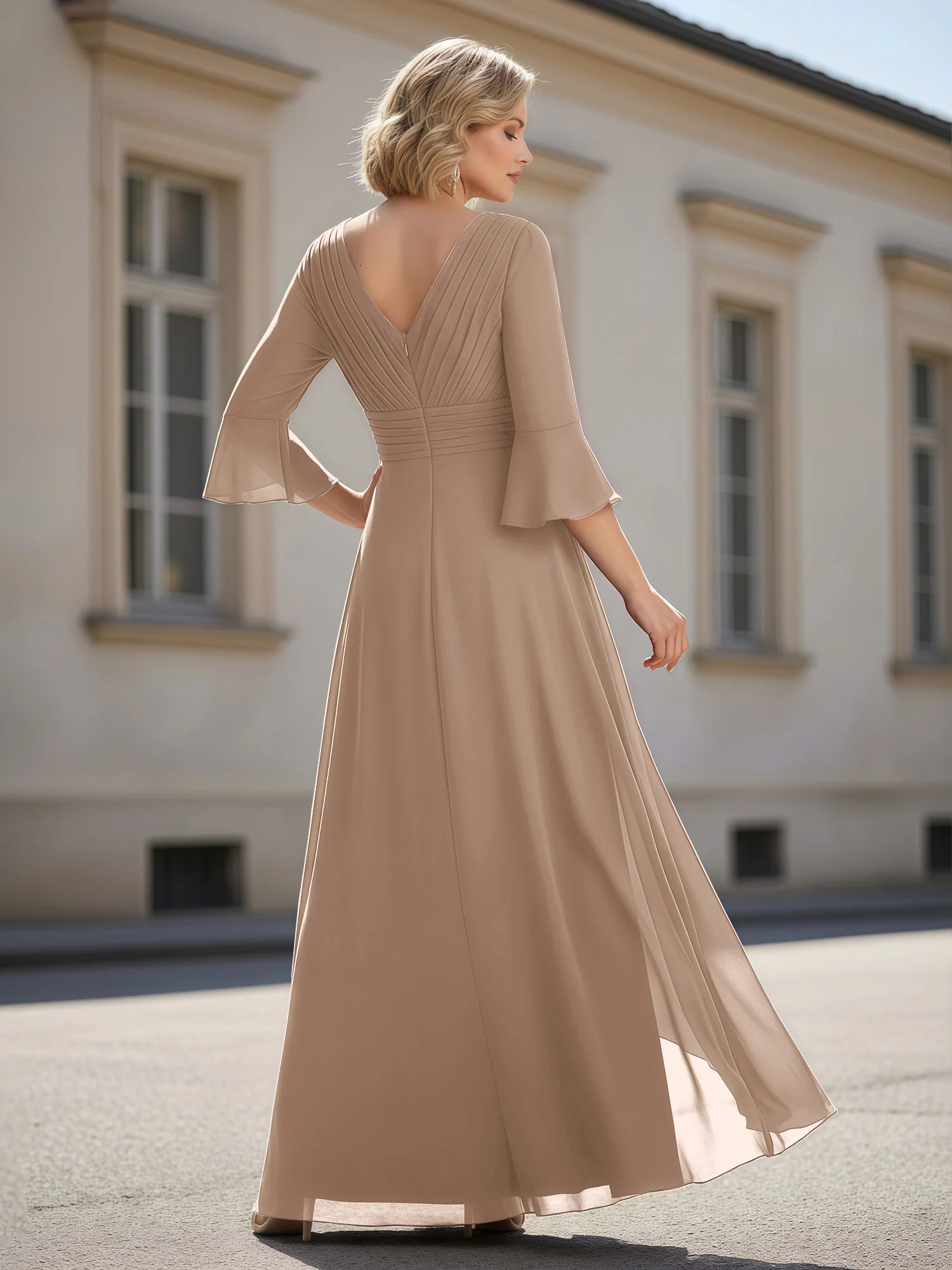 3/4 Sleeves Pleated V-neck Ruffles A-Line Dress Taupe - Image 2