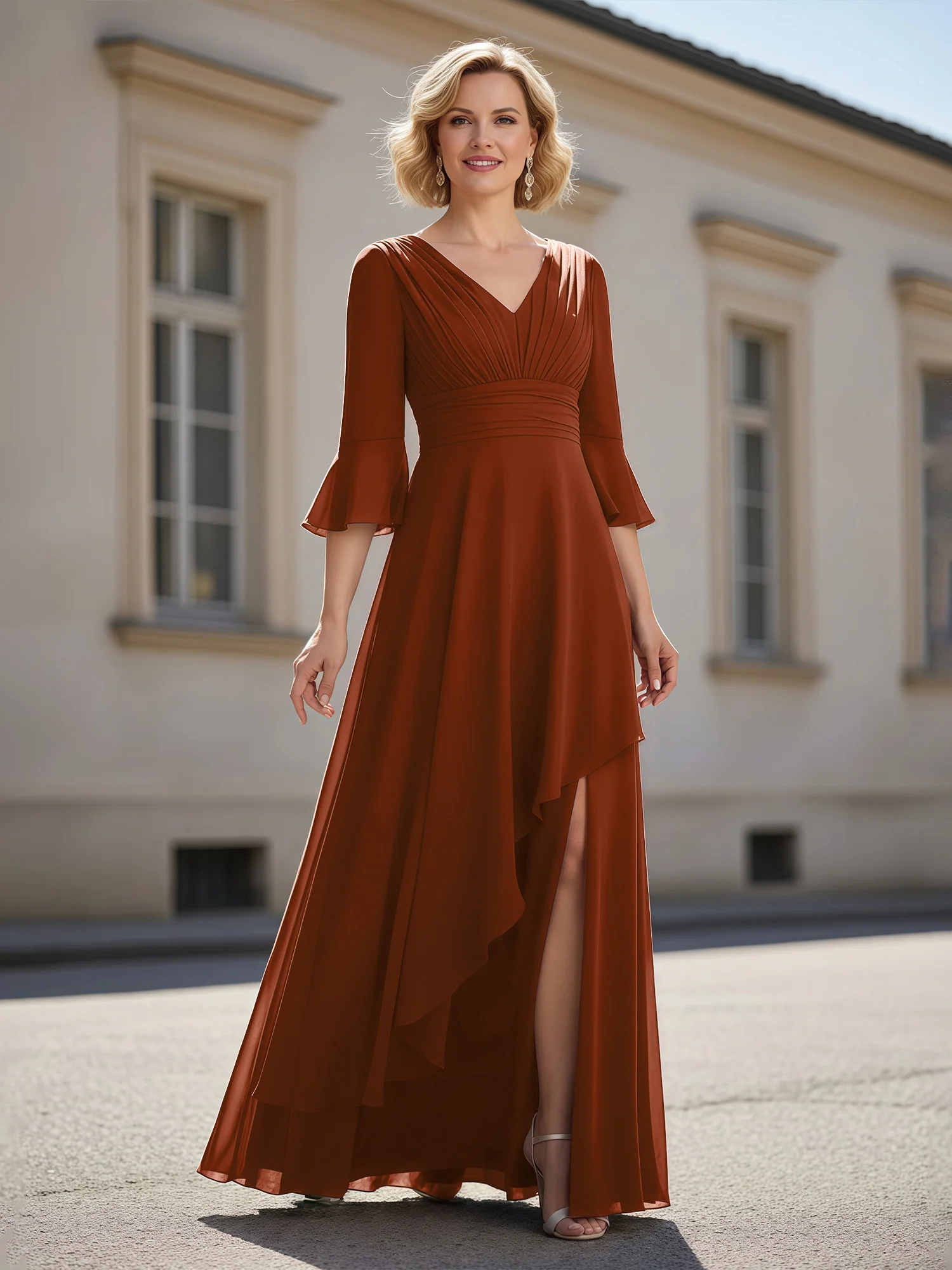 3/4 Sleeves Pleated V-neck Ruffles A-Line Dress Terracotta