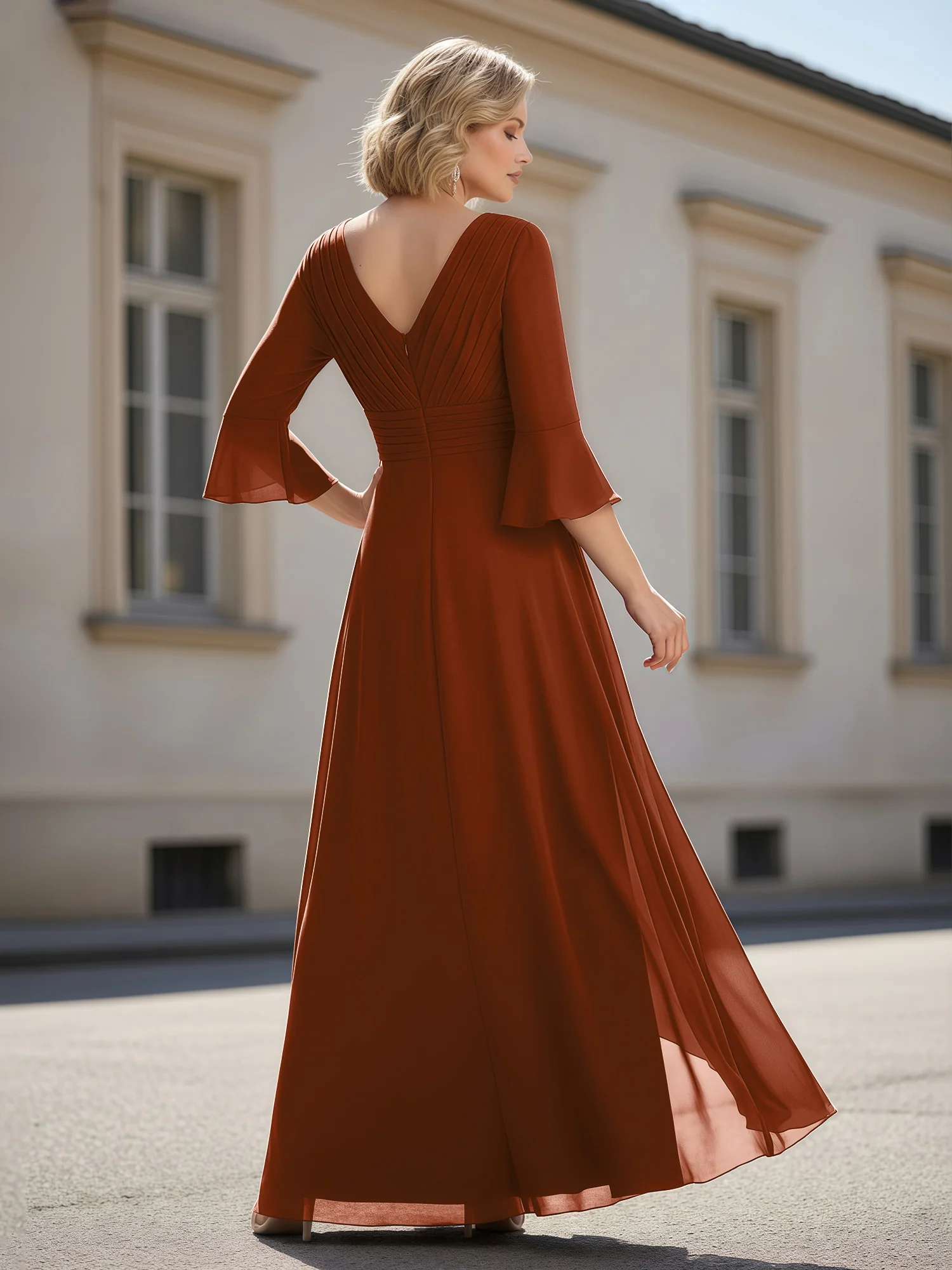 3/4 Sleeves Pleated V-neck Ruffles A-Line Dress Terracotta - Image 2