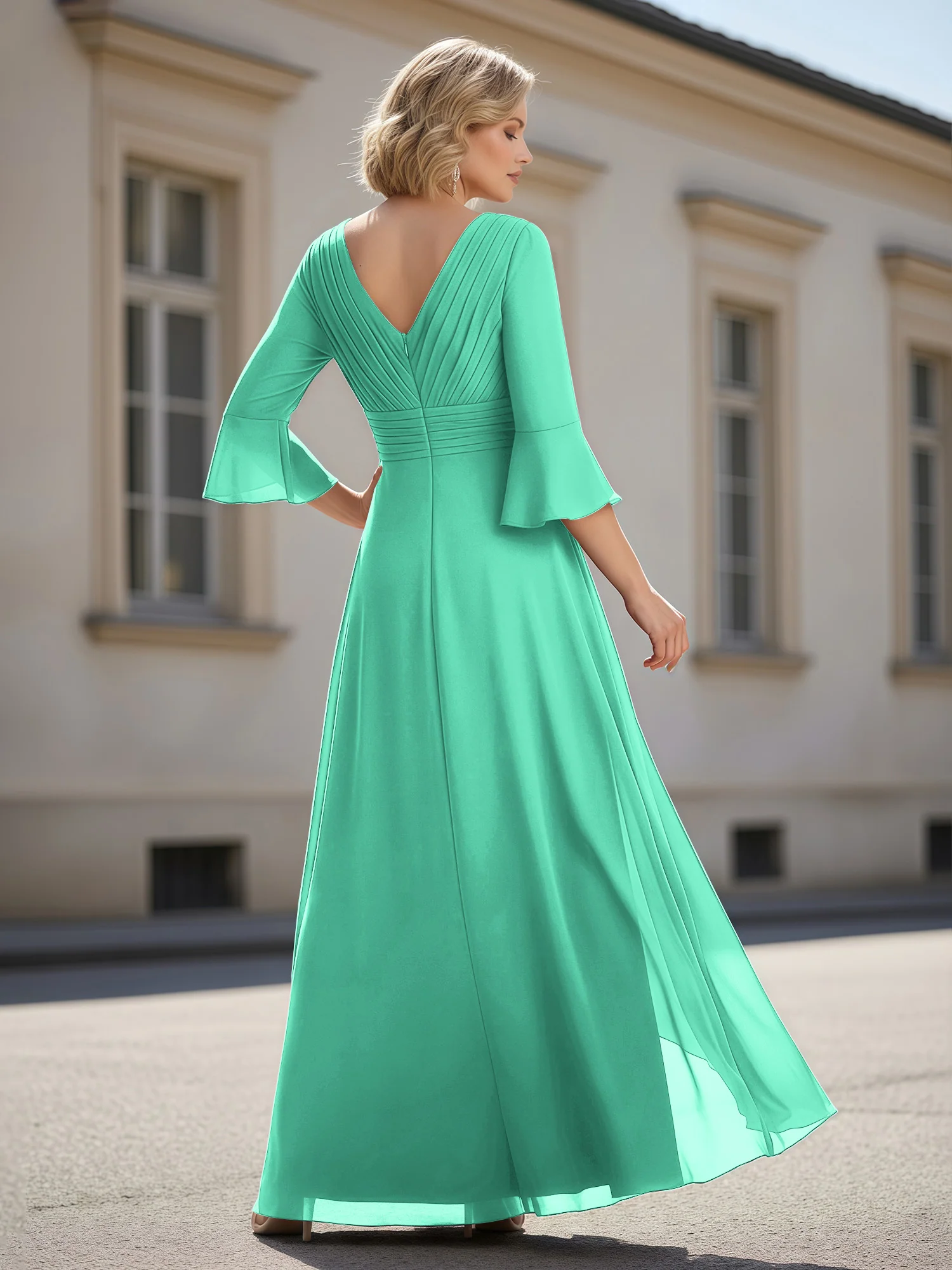 3/4 Sleeves Pleated V-neck Ruffles A-Line Dress Turquoise - Image 2