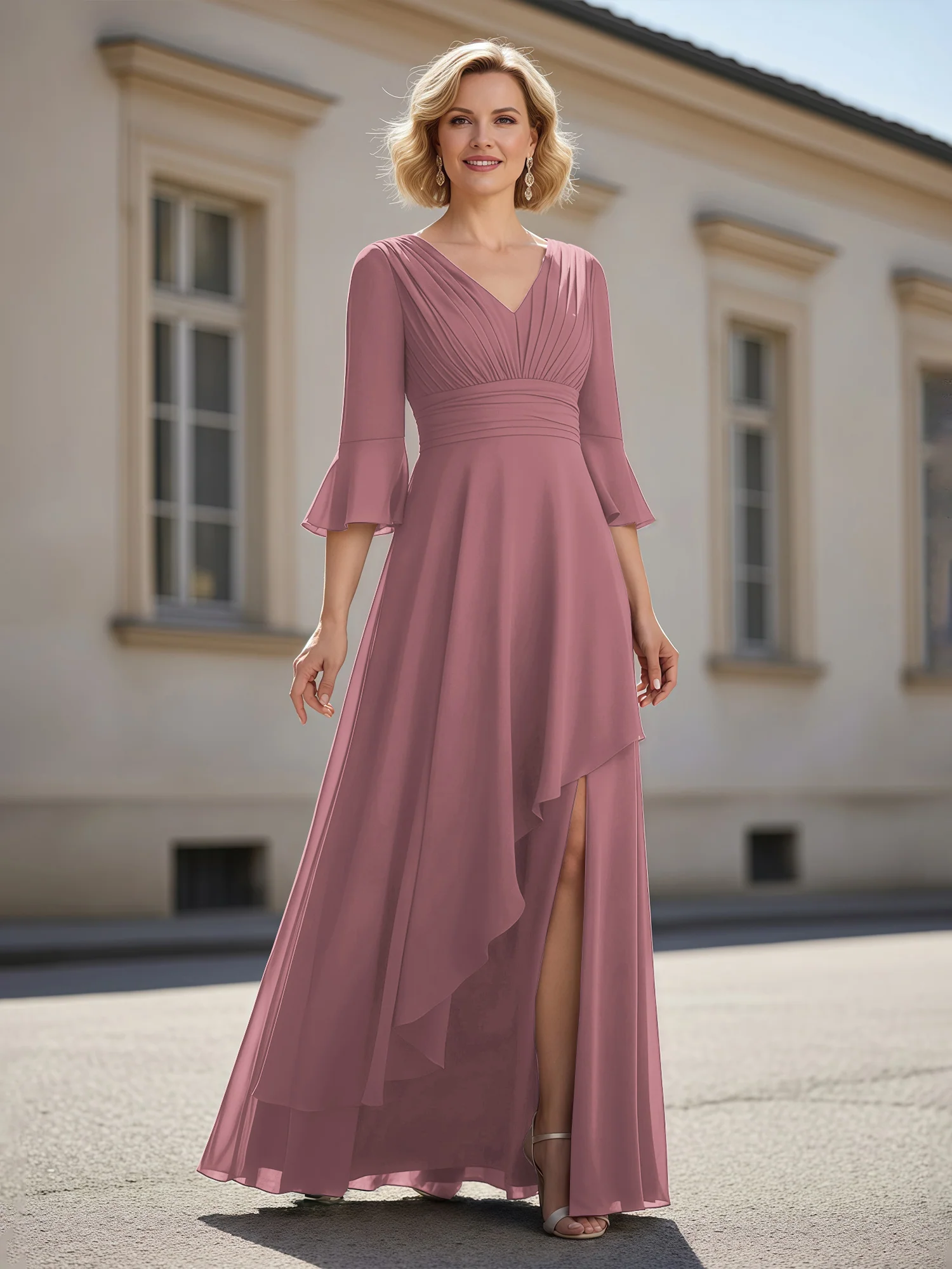 3/4 Sleeves Pleated V-neck Ruffles A-Line Dress Vintage Mauve