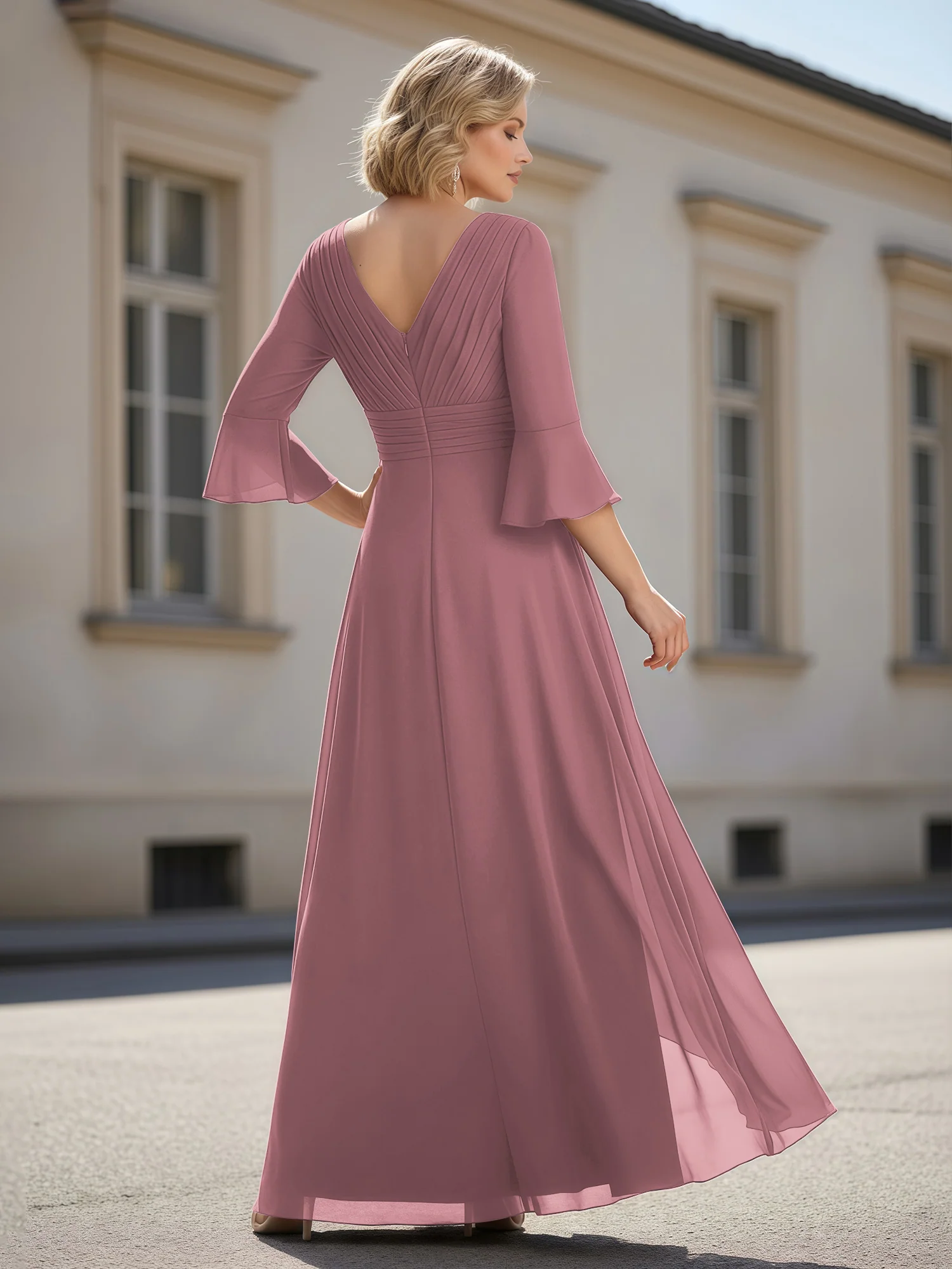 3/4 Sleeves Pleated V-neck Ruffles A-Line Dress Vintage Mauve - Image 2