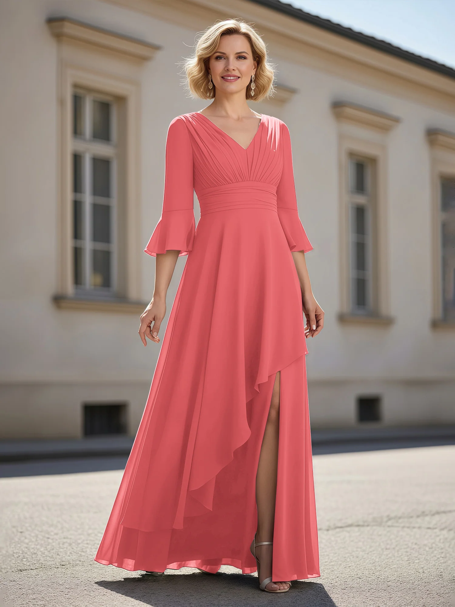3/4 Sleeves Pleated V-neck Ruffles A-Line Dress Watermelon