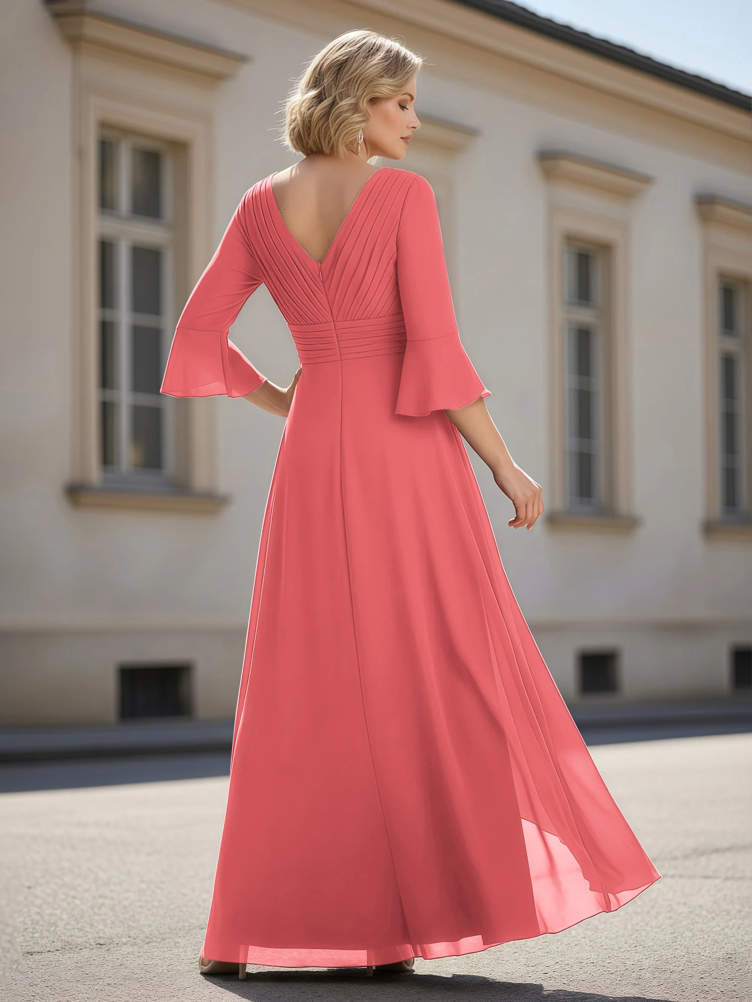 3/4 Sleeves Pleated V-neck Ruffles A-Line Dress Watermelon - Image 2