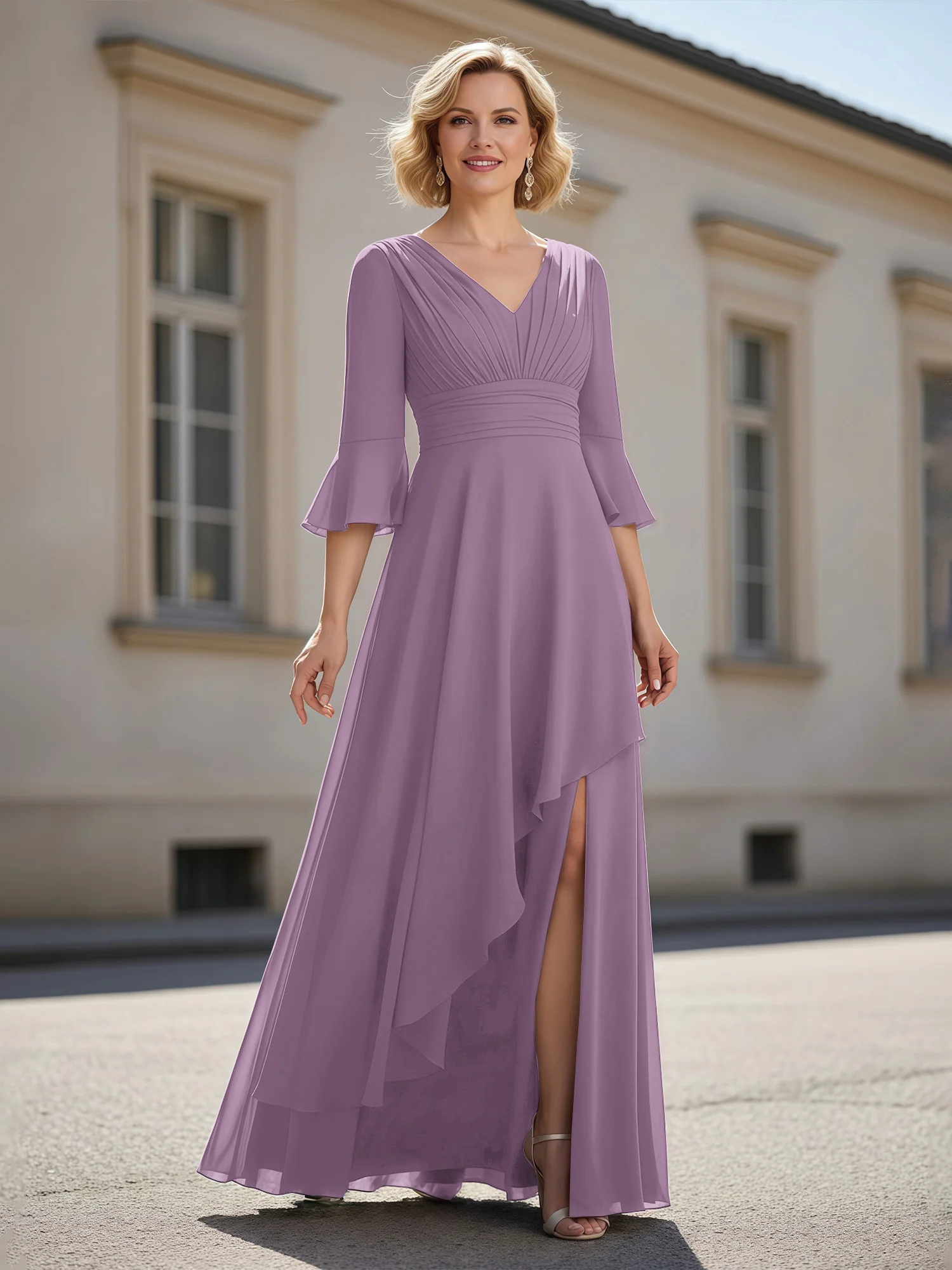 3/4 Sleeves Pleated V-neck Ruffles A-Line Dress Wisteria