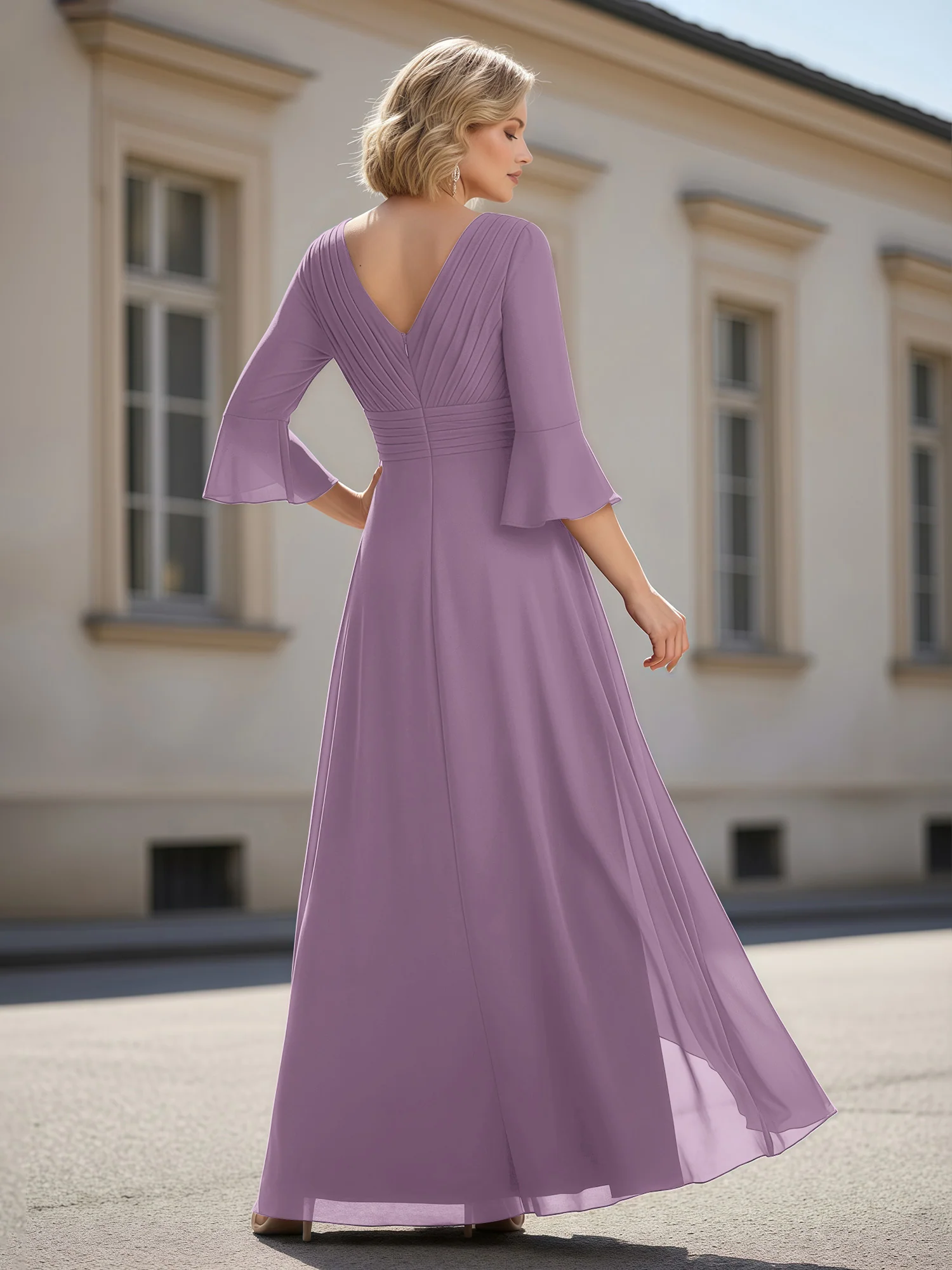 3/4 Sleeves Pleated V-neck Ruffles A-Line Dress Wisteria - Image 2