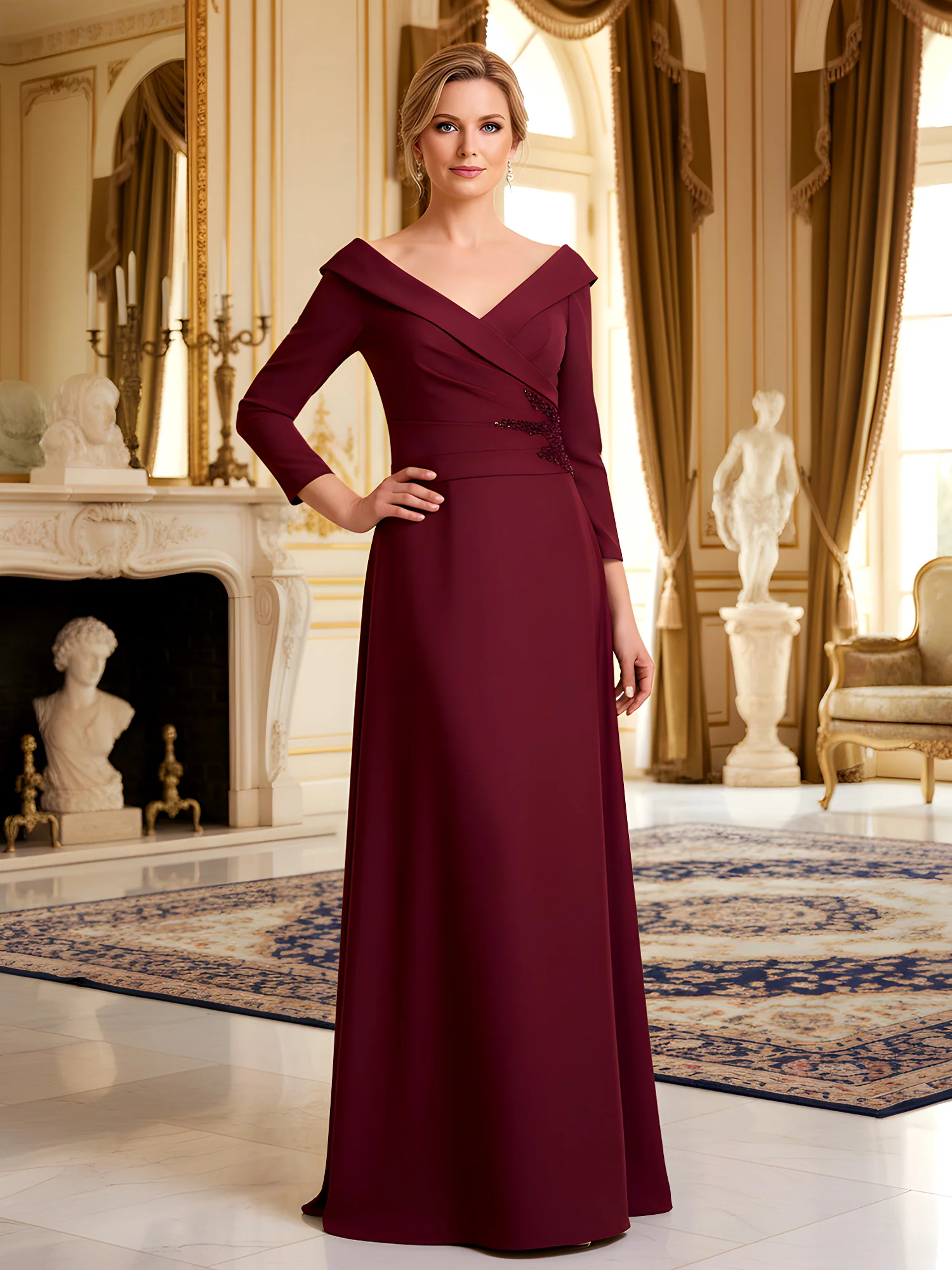 A-Line 3/4 Sleeves Sequin V-neck Long Dress Burgundy