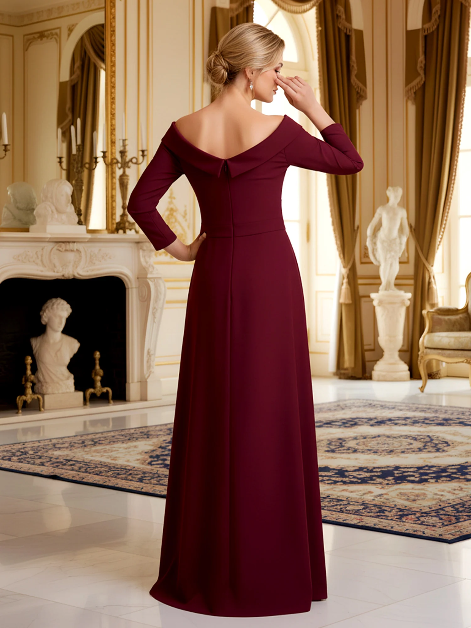 A-Line 3/4 Sleeves Sequin V-neck Long Dress Burgundy - Image 2