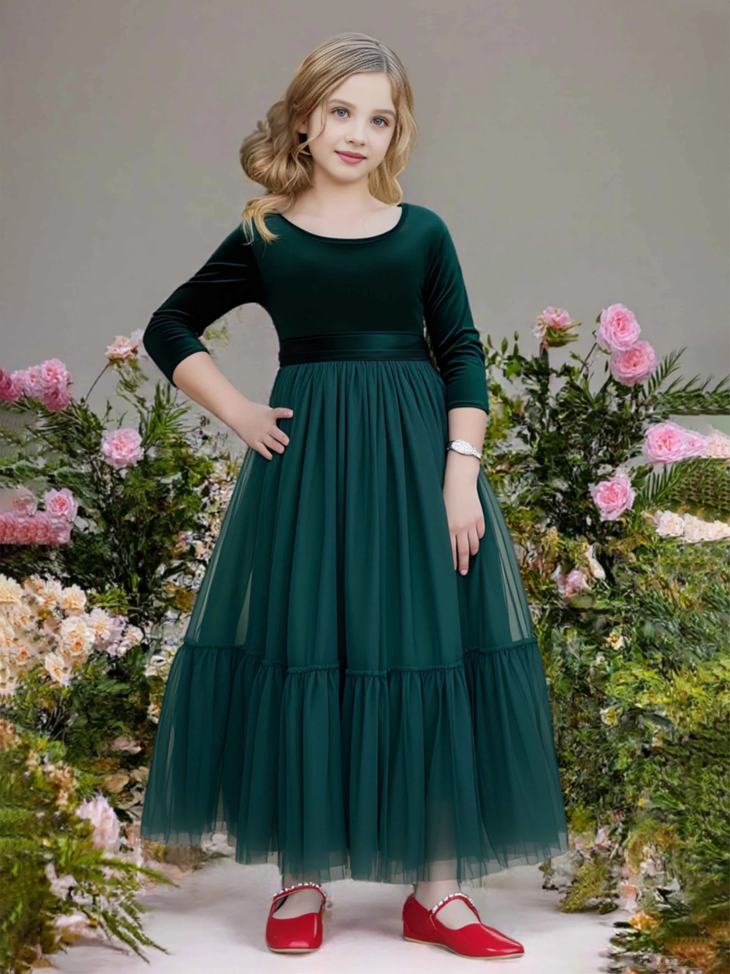 A-Line 3/4 Sleeves Velvet Tulle Flower Girl Dress Dark Green