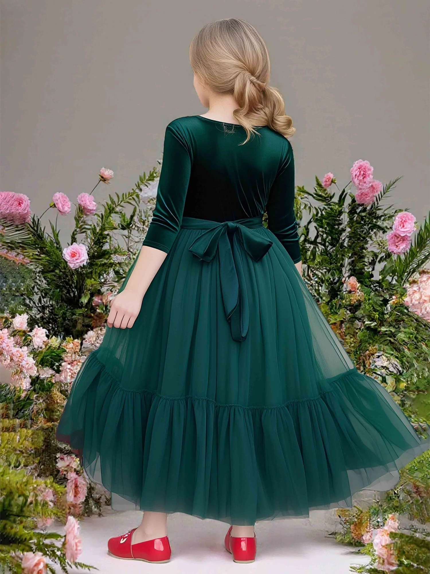 A-Line 3/4 Sleeves Velvet Tulle Flower Girl Dress Dark Green - Image 2