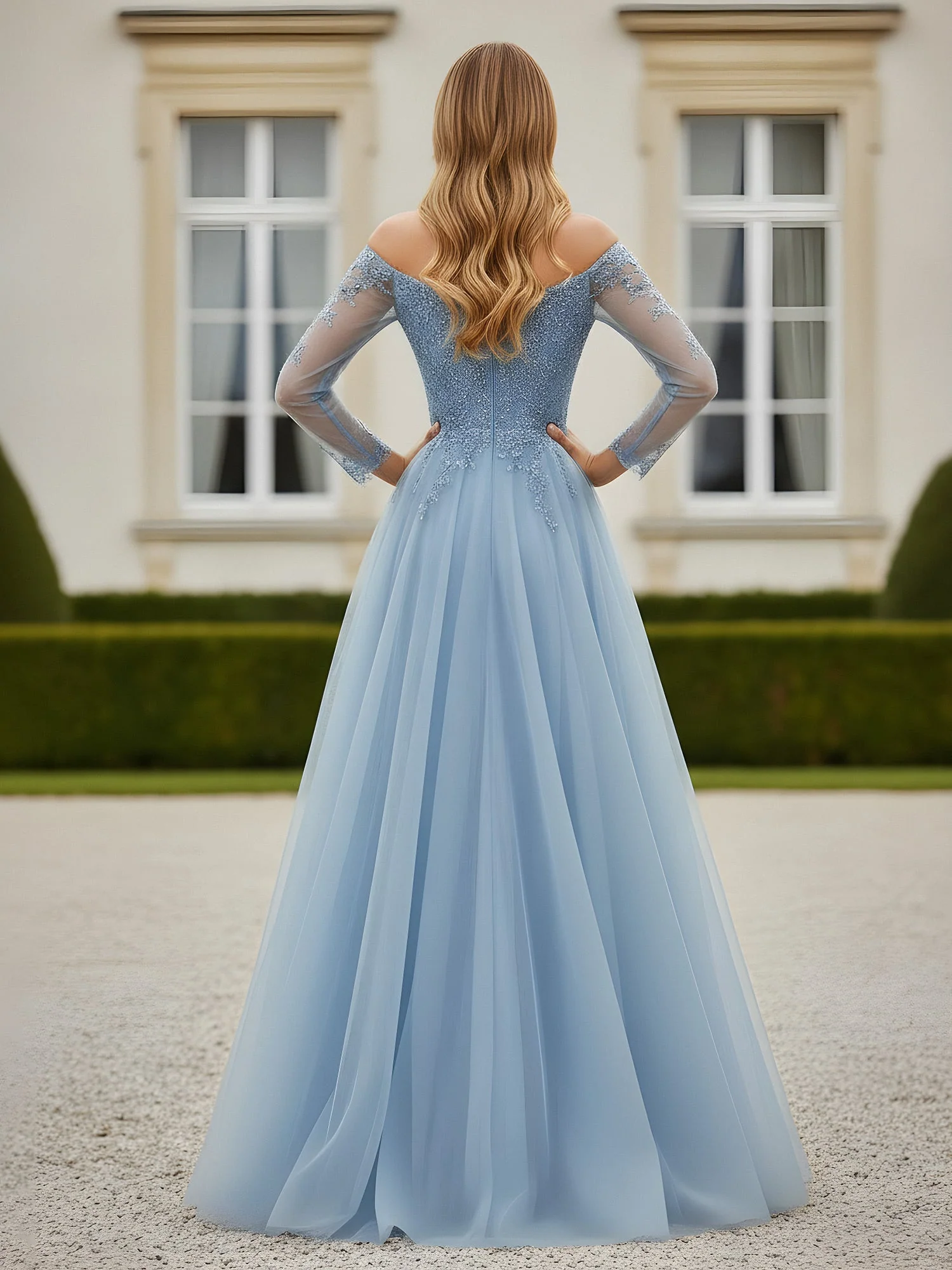 A-Line Appliqued Off-the-shoulder Tulle Dress With Slit Daffodil - Image 2
