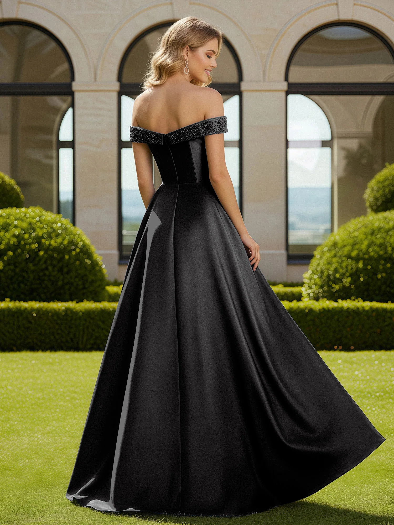 A-Line Beaded Off-the-shoulder Long Dress With Slit Black - Image 2