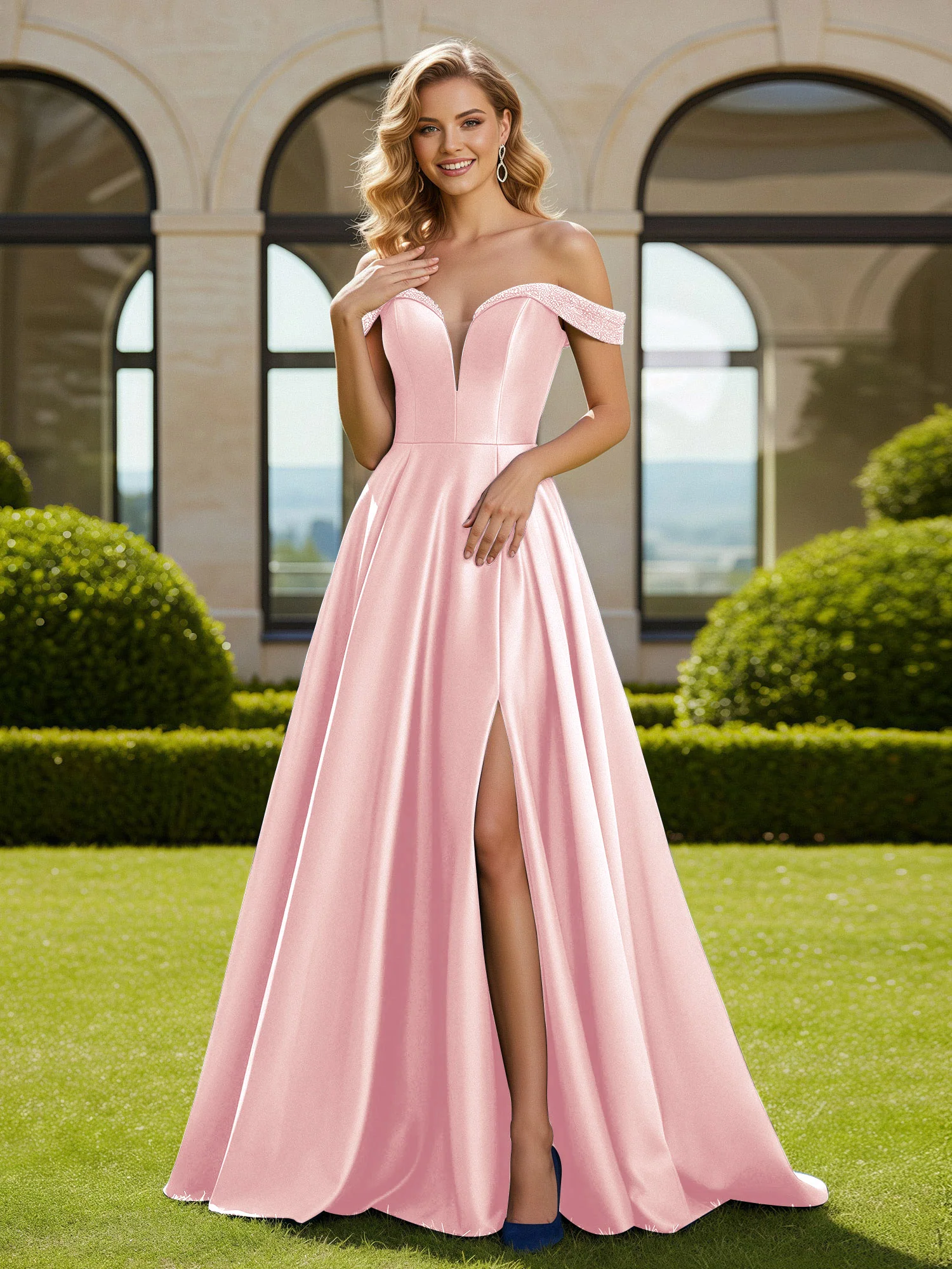 A-Line Beaded Off-the-shoulder Long Dress With Slit Blushing Pink