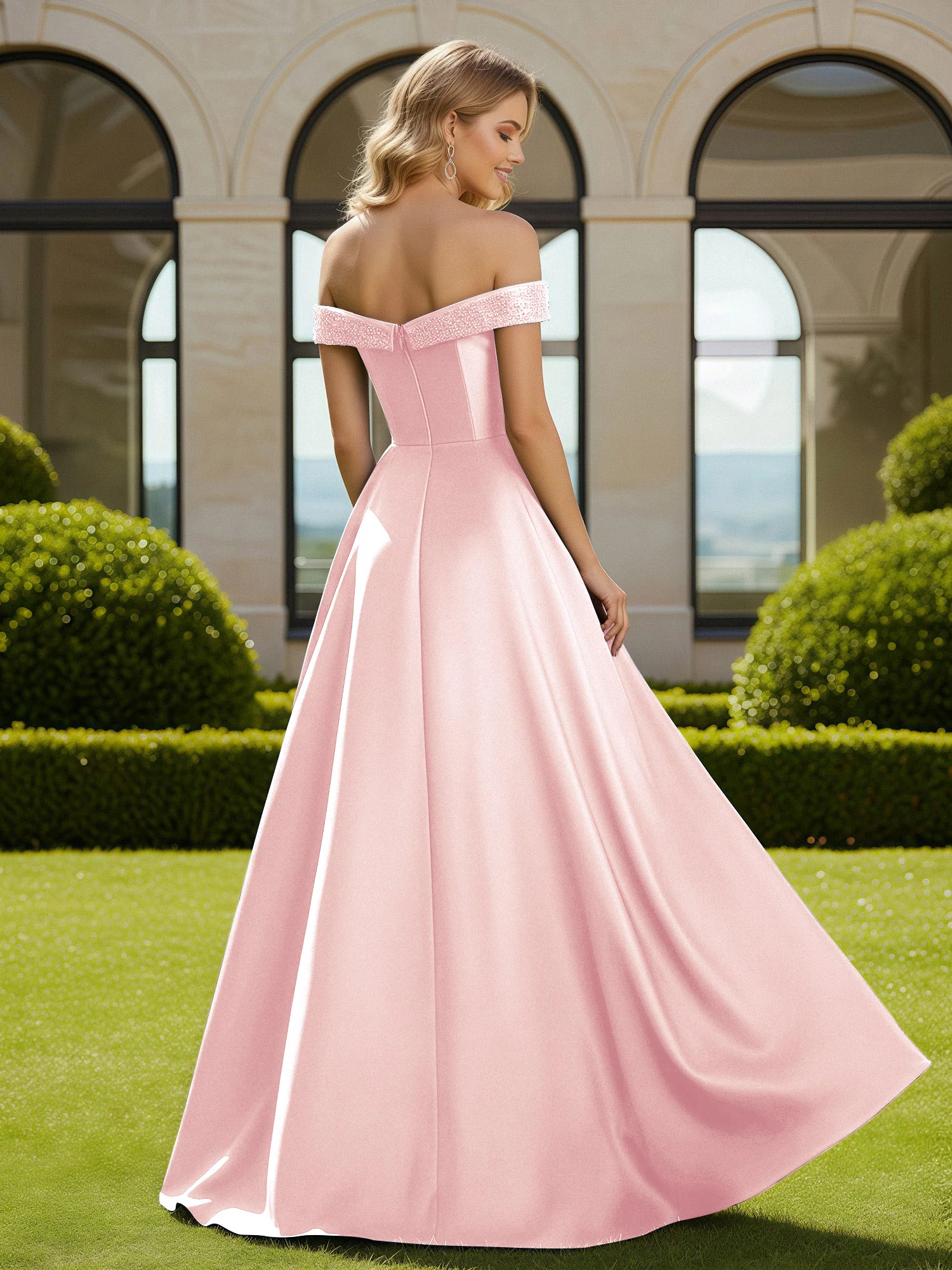 A-Line Beaded Off-the-shoulder Long Dress With Slit Blushing Pink - Image 2