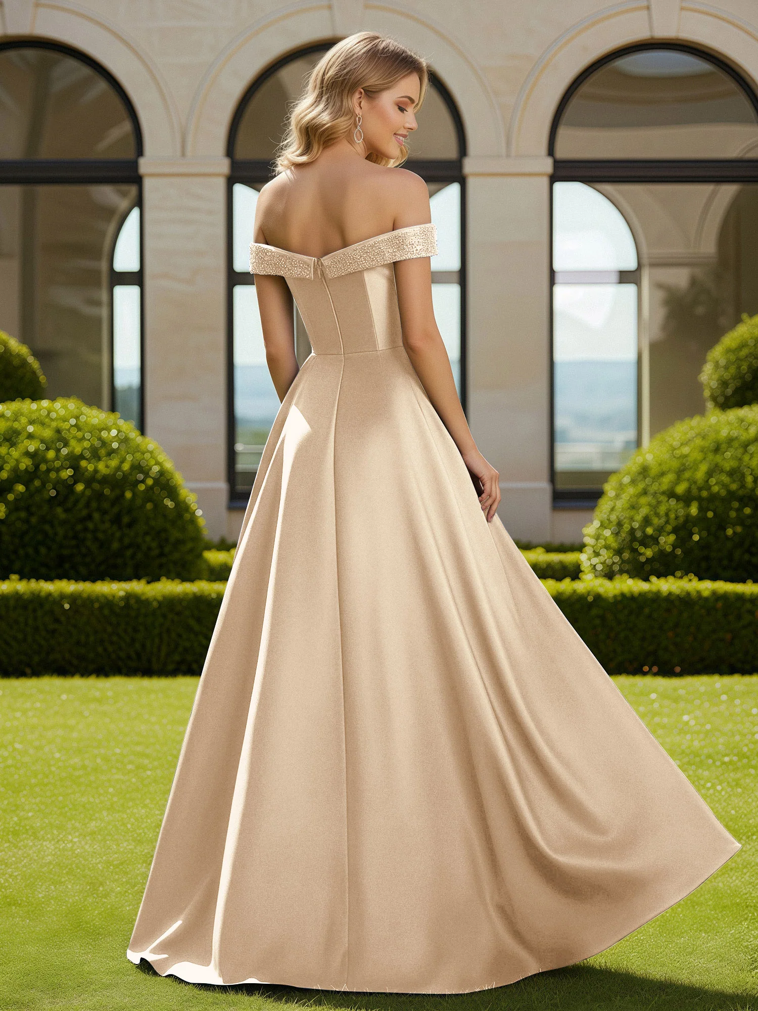 A-Line Beaded Off-the-shoulder Long Dress With Slit Champagne - Image 2
