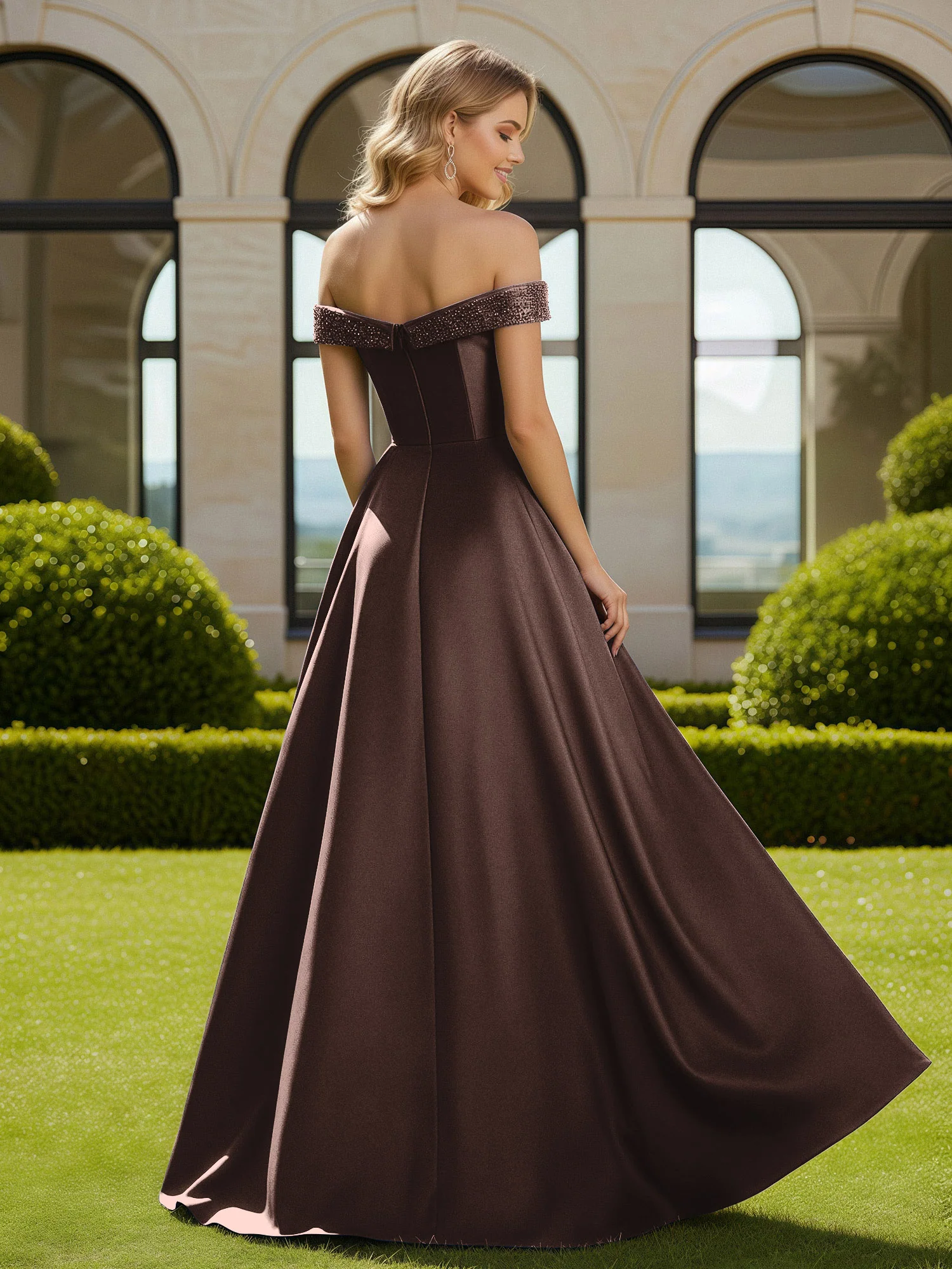 A-Line Beaded Off-the-shoulder Long Dress With Slit Chocolate - Image 2