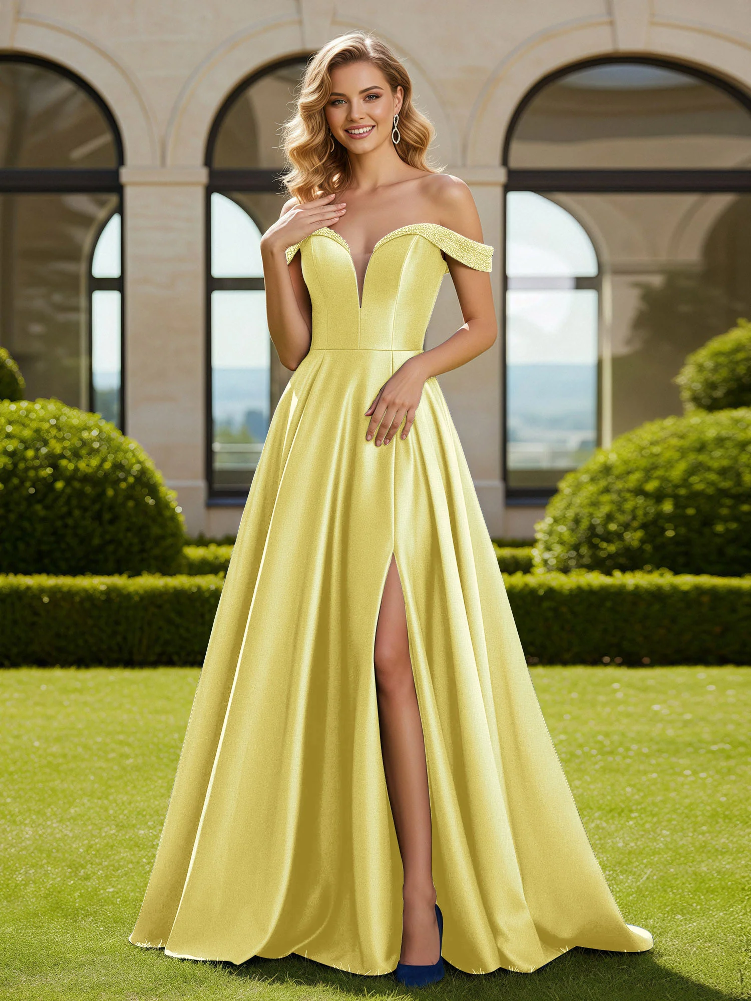 A-Line Beaded Off-the-shoulder Long Dress With Slit Daffodil